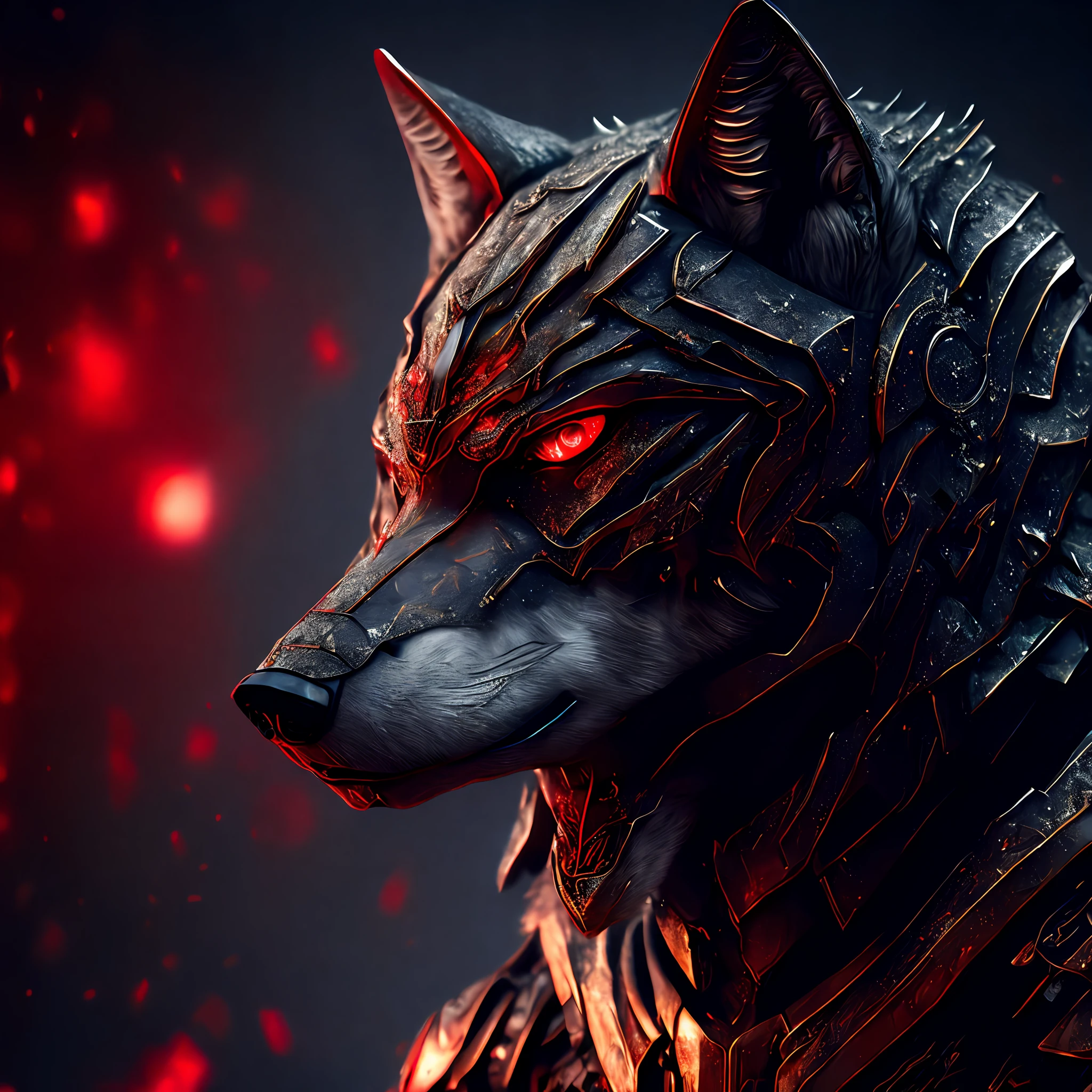 Wolf with red eyes, metallic armor, destroyed background, ultra quality, cinematic focus