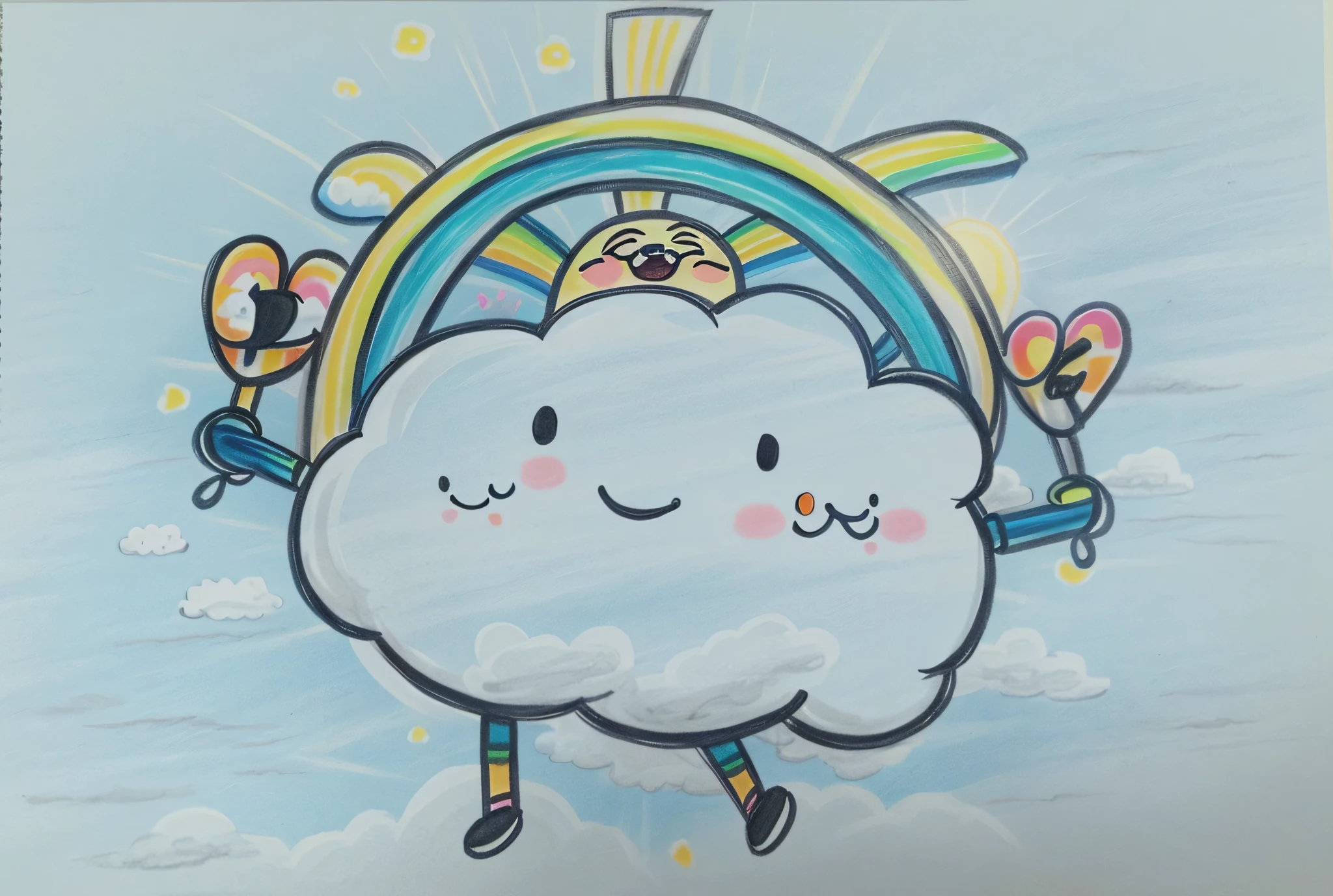 Draw a cloud with a smiley face on it, behind it is the sun glow and rainbow, Mr. Yuyun character design, sunny day, hand drawn cartoon art style