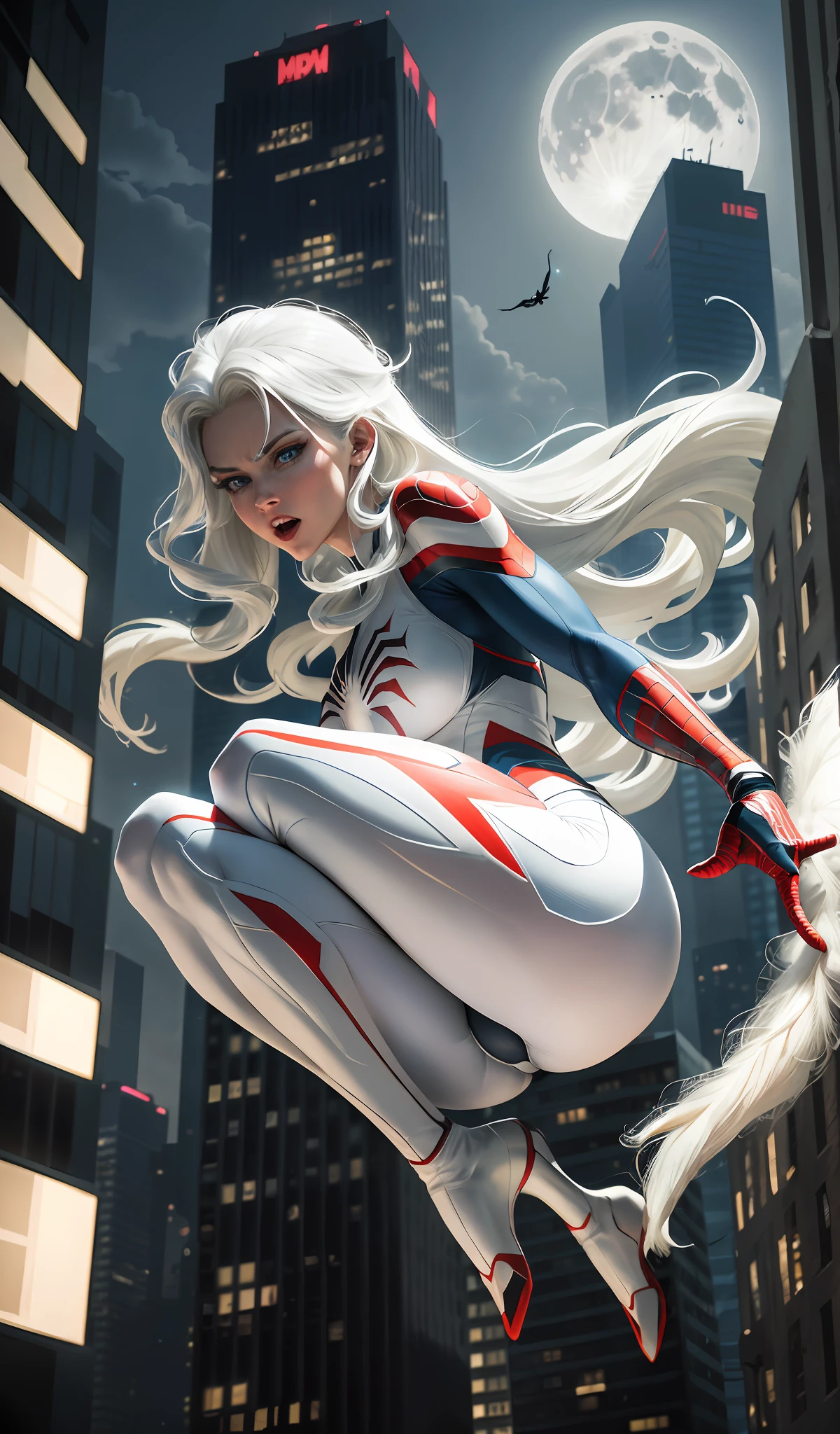 (Masterpiece, 4k resolution, ultra-realistic, very detailed), (White superhero theme, charismatic, there's a girl on top of town, wearing Spider-Man costume, she's a superhero), [ ((25 years), (long white hair:1.2), full body, (blue eyes:1.2), ((Spider-Man pose),show of strength, jumping from one building to another), ((sandy urban environment):0.8)| (cityscape, at night, dynamic lights), (full moon))] # Explanation: The Prompt mainly describes a 4K painting of ultra-high definition, very realistic, very detailed. It shows a superheroine at the top of the city, wearing a Spider-Man costume. The theme in the painting is a white superhero theme, the female protagonist has long white hair, is 25 years old and her entire body is shown in the painting. In terms of portraying the actions of superheroines, spiders are employed, juicy, white slime dripping from opened mouth
