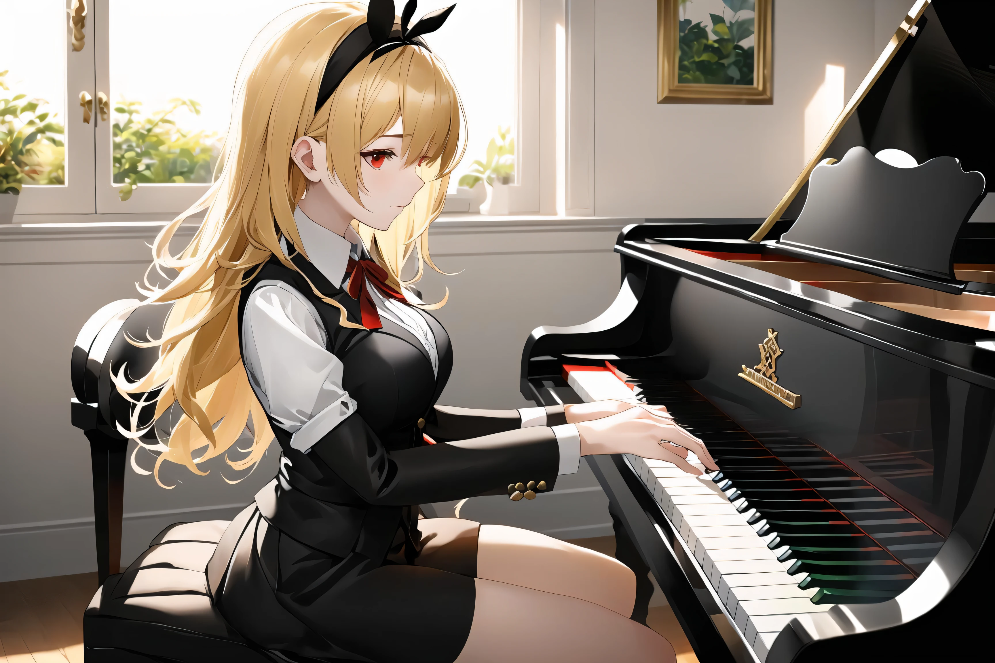 (best quality, masterpiece:1.2) 1girl play the piano, (piano:1.2), shirt, hairband, red eyes, skirt, vest, ribbon, piano focus, long sleeves, blonde hair, long hair, white shirt, neck ribbon, collared shirt, red ribbon, closed mouth, medium breasts, black skirt, black vest, black hairband, hair over shoulder, flower, from side, depth of fiel , light particle, sitting, piano stool, indoors, window