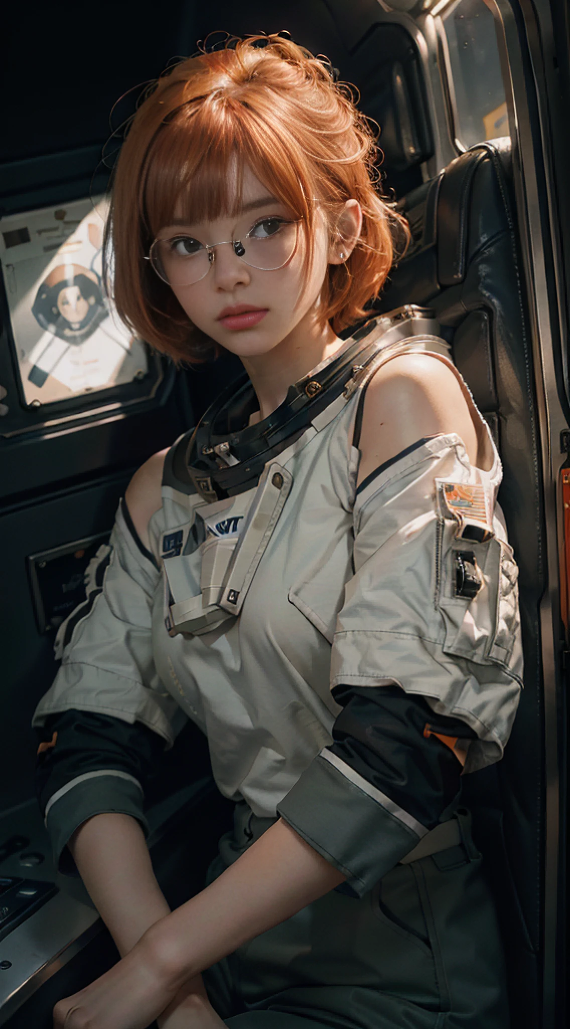 Best quality, masterpiece, (astronaut: 1.2), (EMU (Extravehicular Mobile Unit): 1.8), ultra high resolution, (photorealistic: 1.4), raw photo, 1girl, off shoulder, cinematic lighting, glasses, earrings in the perfect ears, bangs, (orange hair: 2.6), (bob cut: 1.5)