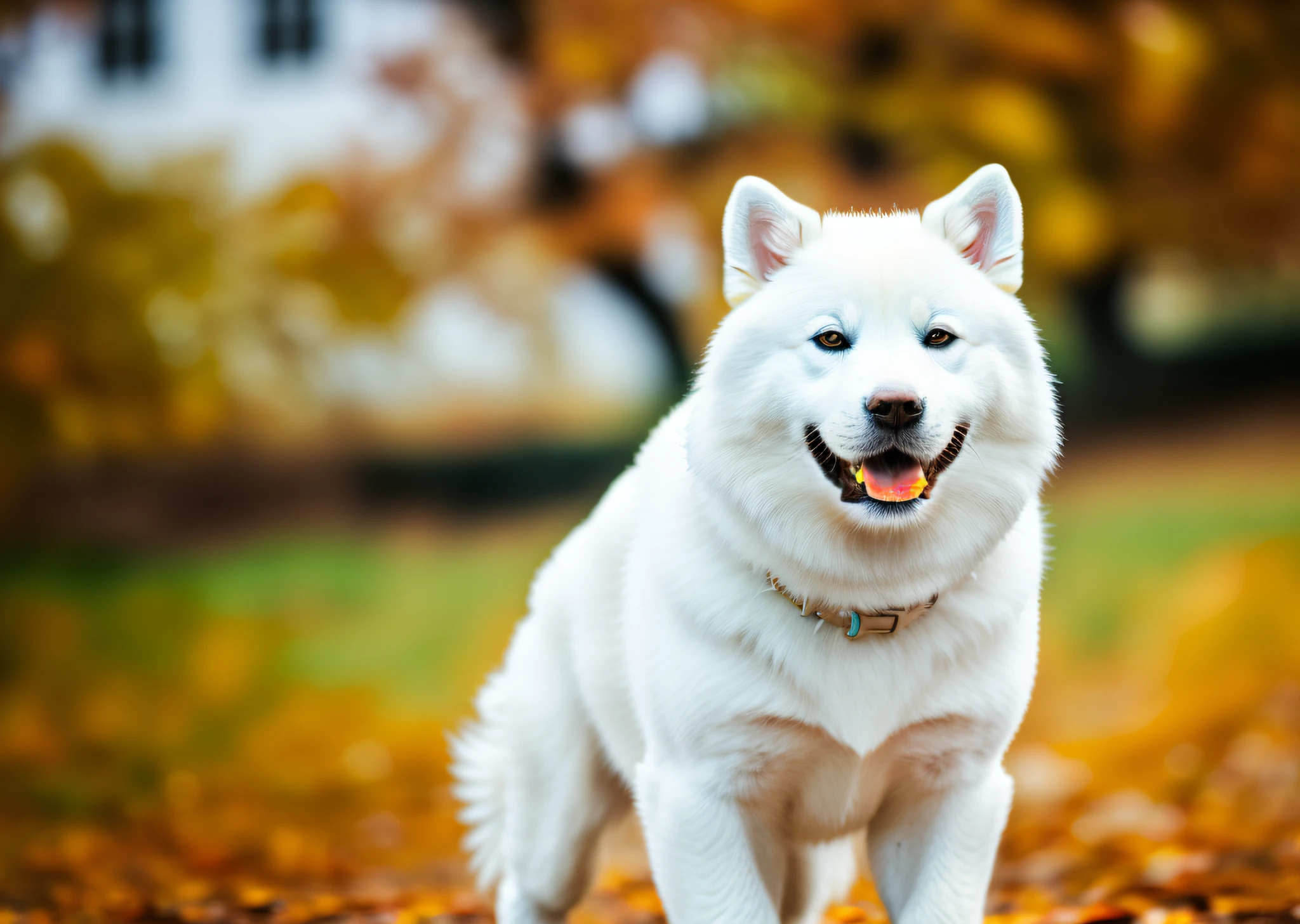 a white dog akita (((SOLO))) , looking forward, well-detailed watercolor background, sharp focus, very detailed tail, dawn, (cold morning: 1.1), (morning dew: 1.15), realistic photography, (discreet photography: 1.2), detailed, 8k, intricate bristling feathers, water drops on feathers, (to8contrast style), (mist:0.7), vivid colors, Sony a6600 Mirrorless Camera, embellish2