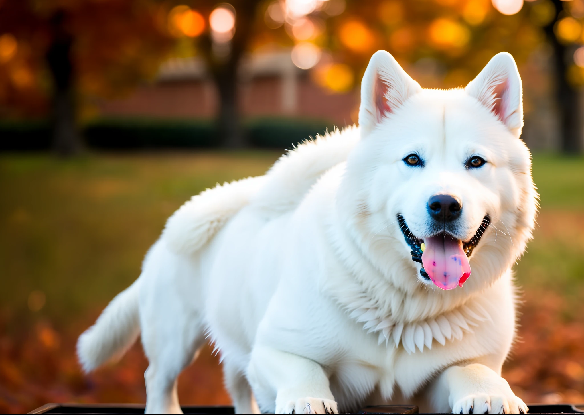 a white dog akita (((SOLO))) , looking forward, well-detailed watercolor background, sharp focus, very detailed tail, dawn, (cold morning: 1.1), (morning dew: 1.15), realistic photography, (discreet photography: 1.2), detailed, 8k, intricate bristling feathers, water drops on feathers, (to8contrast style), (mist:0.7), vivid colors, Sony a6600 Mirrorless Camera, embellish2