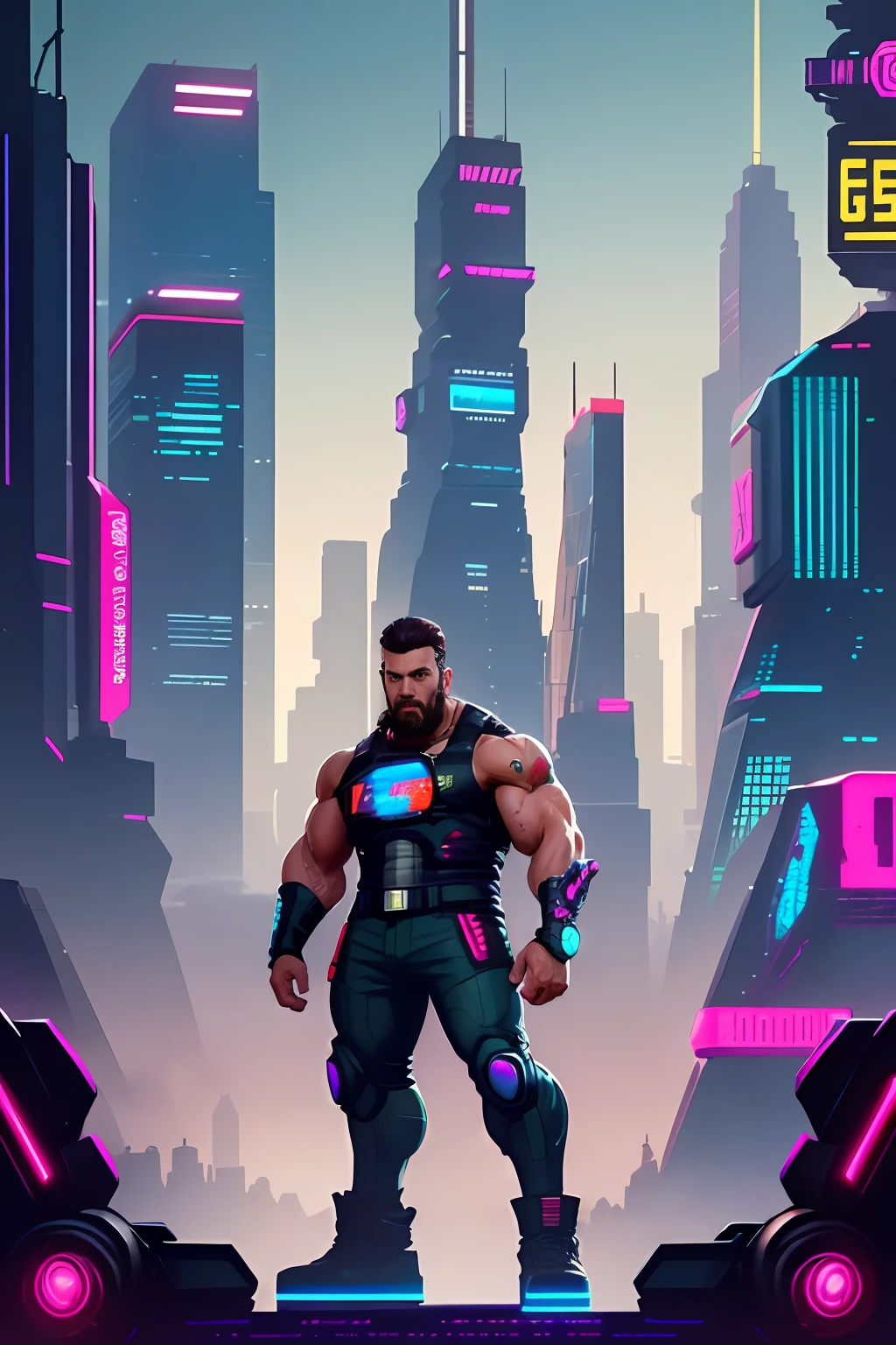 In a setting inspired by the cyberpunk universe of Cyberpunk 2077, a muscular man in plaid pants, gray shirt, bare arms and shoulders, smooth hair texture 1B and beard for firmly holding a futuristic machine gun with both hands. He stands out among the neon lights and skyscrapers, ready to face the relentless challenges of a city dominated by technology and chaos.