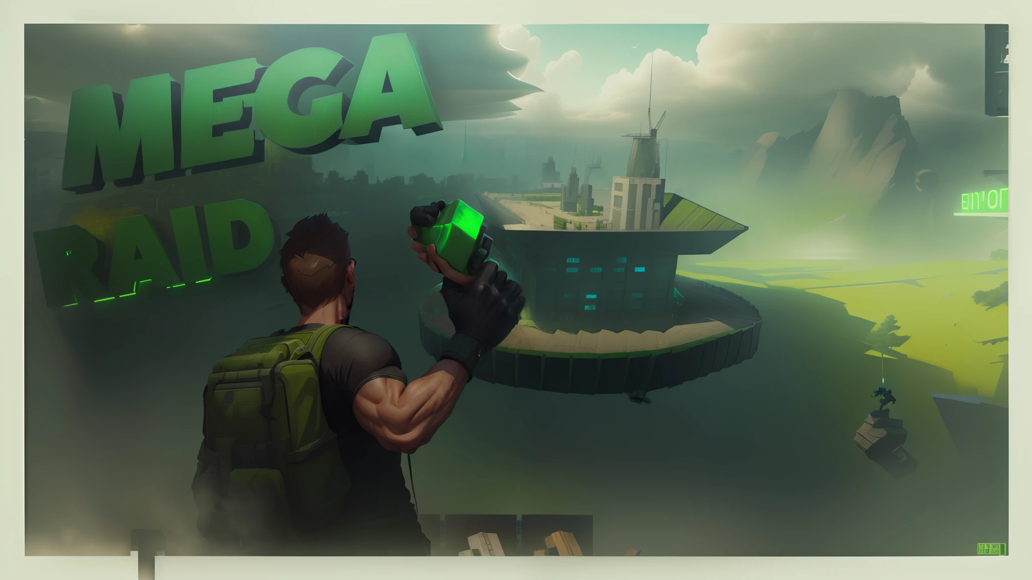 a close up of a person holding a green object in front of a building, mega epic, realistic mega structure, giga, mega structure, mega realistic, mega highly detailed, giga chad capaybara, mega, fortress mega structure city, mega death, giga chad, jerma985 in fortnite, stalenhag style, in pubg