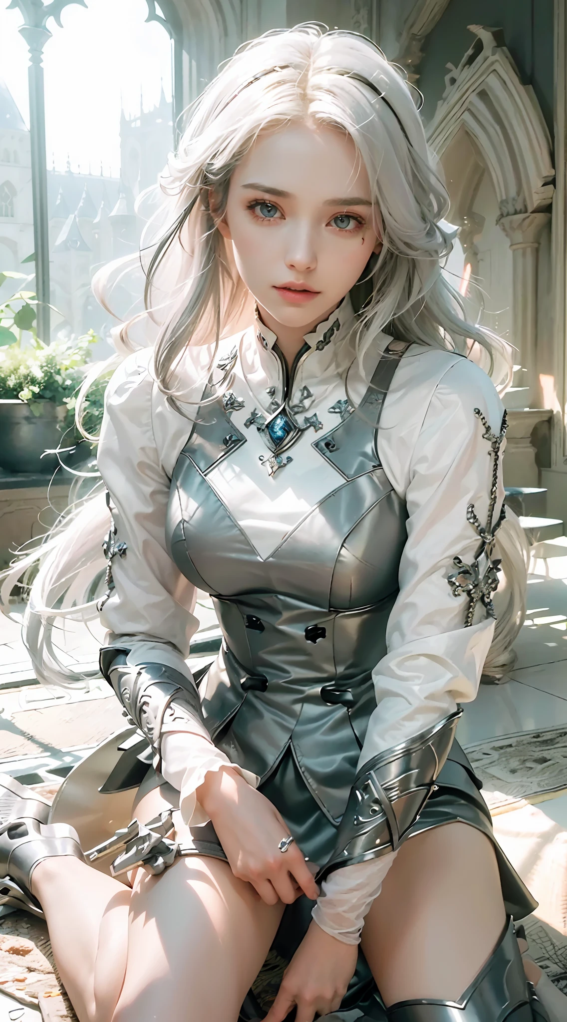 ((Best Quality)), ((Masterpiece)), (Details: 1.4), 3D, A Beautiful Female Knight, (Long White Hair: 1.9), (Kneeling: 1.7), (Armor: 1.5), High Heels, Gothic Chapel, HDR (High Dynamic Range), Ray Tracing, NVIDIA RTX, Super-Resolution, Unreal 5, Subsurface Scattering, PBR Texture, Post Processing, Anisotropic Filtering, Depth of Field, Maximum sharpness and sharpness, multi-layer textures, albedo and highlight maps, surface shading, accurate simulation of light-material interactions, perfect proportions, Octane Render, two-color light, large aperture, low ISO, white balance, rule of thirds, 8K RAW,