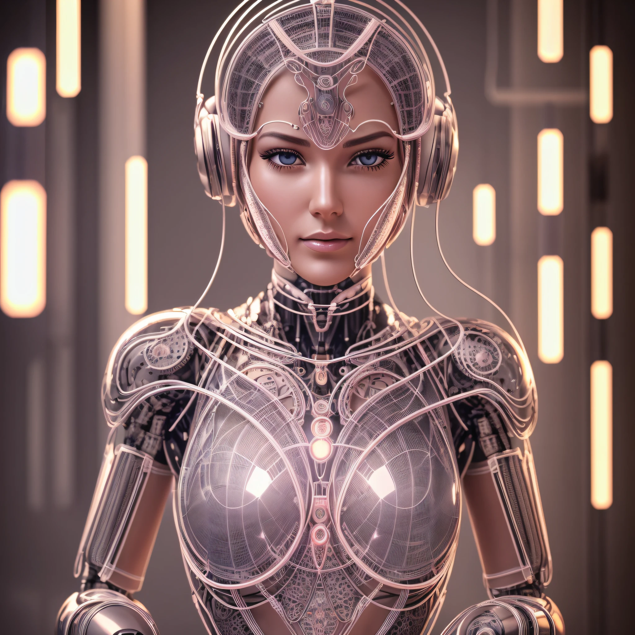 Transparent body, ultra-detailed intricate 3D rendering of a female robot face in a transparent box, robotic parts, 150 mm, beautiful soft studio light, edge lighting, vivid details, luxury cyberpunk, scaly, surreal, anatomy, facial muscles, wired wires, microchips, elegant, beautiful, HR Giger style, 8k, best quality, masterpiece, illustration, very detailed, CG, uniform, wallpaper, (realistic: 1.37), stunning, beautiful american masterpiece, high quality, high quality official art, (full body)), pink thread body, illuminated cableo --auto --s2