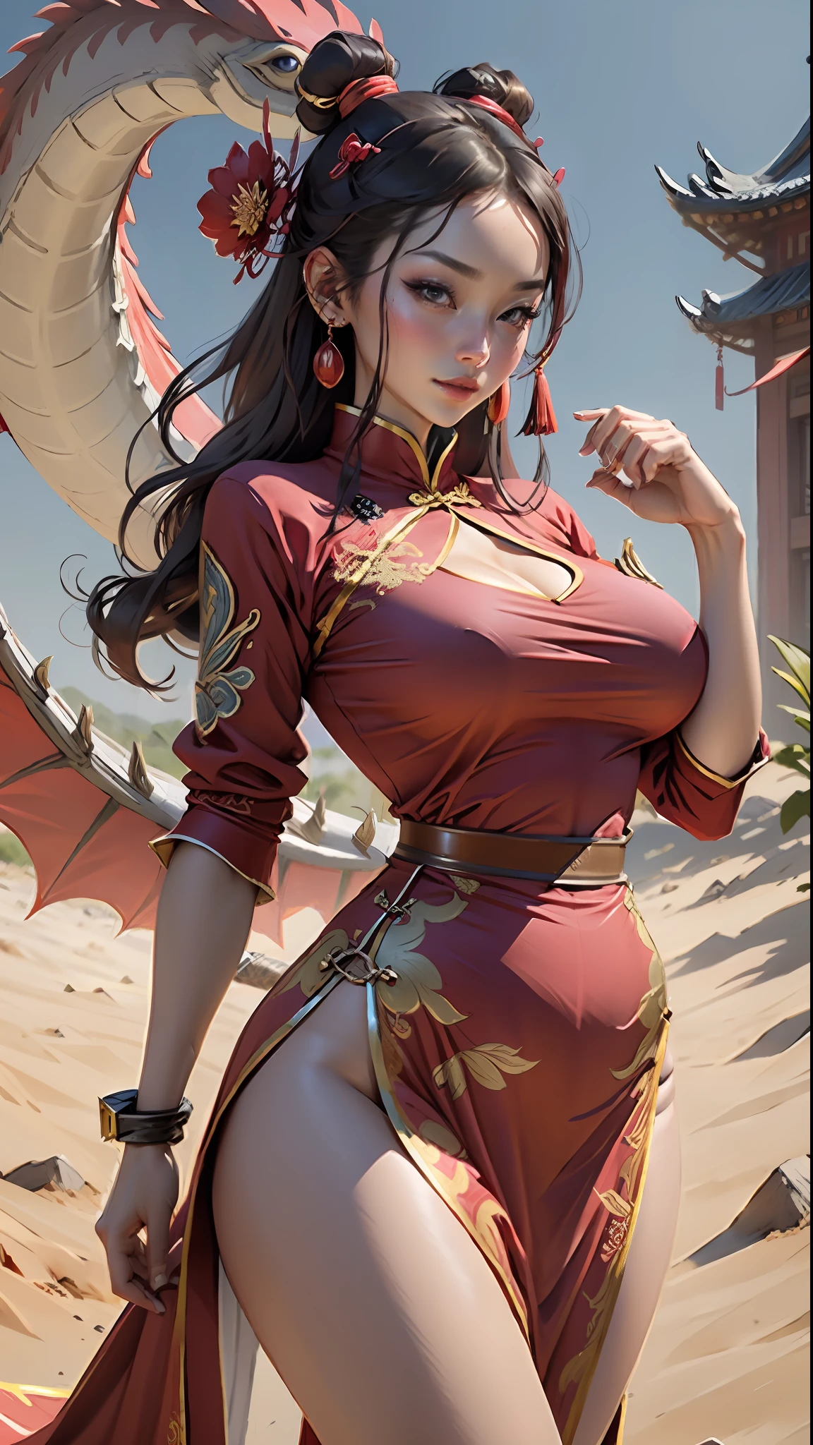 Beautiful woman with a detailed defined body, using Chinese mainland red wyvern troop role-playing, wearing a costume Chinese mainland red wyvern troop, big breasts, thin waist, plump buttocks