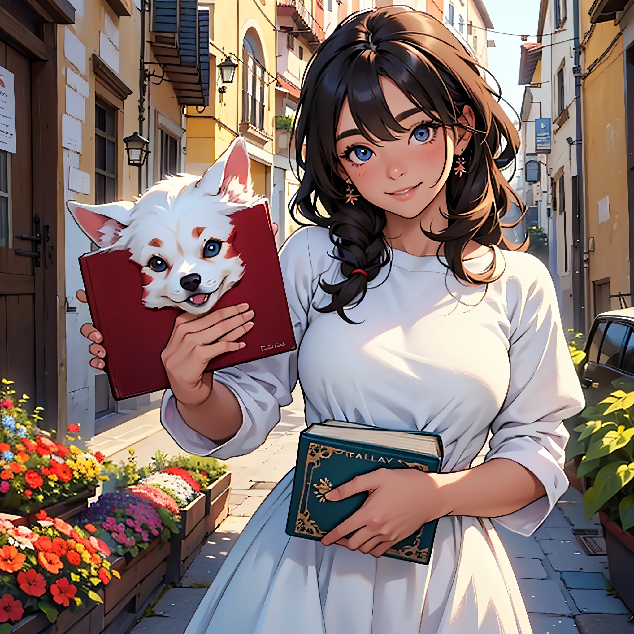 Cute puppy. Beautiful puppy. Adorable puppy. Portrait of a woman in a white dress, holding a book with delicate hands, expressing beauty and strength. Detailed portrait of an indigenous woman in cartoon style, with beautiful eyes, quick brushstrokes and vibrant colors. Cute puppy. Beautiful puppy. Masterpiece of a cute puppy, with red and white fur. Italian girl posing, detailed face, dark hair, athletic body, wearing red flannel and jeans. Soft hair, happy smile, cute Italian.