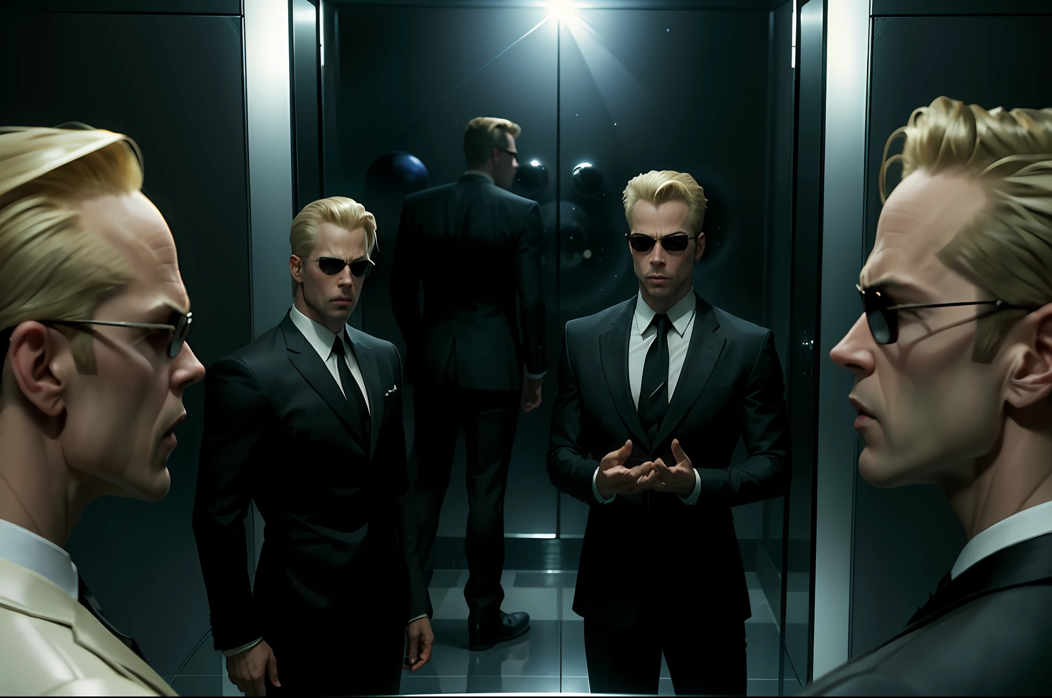 (extreme closeup), (face off), (face to face), (((breaking spacetime))) ,(((mirrored))) ,((best quality)), ((masterpiece)), (detailed), (((suit))) fan art of evil man, there are two people fist fighting, mirror, face to face, out of a mirror, reflection, distortion of mirrored world, evil looking blond GUY PEARCE face, blond GUY PEARCE in a suit with square sunglasses close up, blond GUY PEARCE in a suit angry, blond GUY PEARCE in a suit with squared sunglasses, square sunglasses, the matrix (1999), square sunglasses, night, 80mm, ((western animation)), (neo the matrix (1999)), (short hair), (((distorted space time)))
