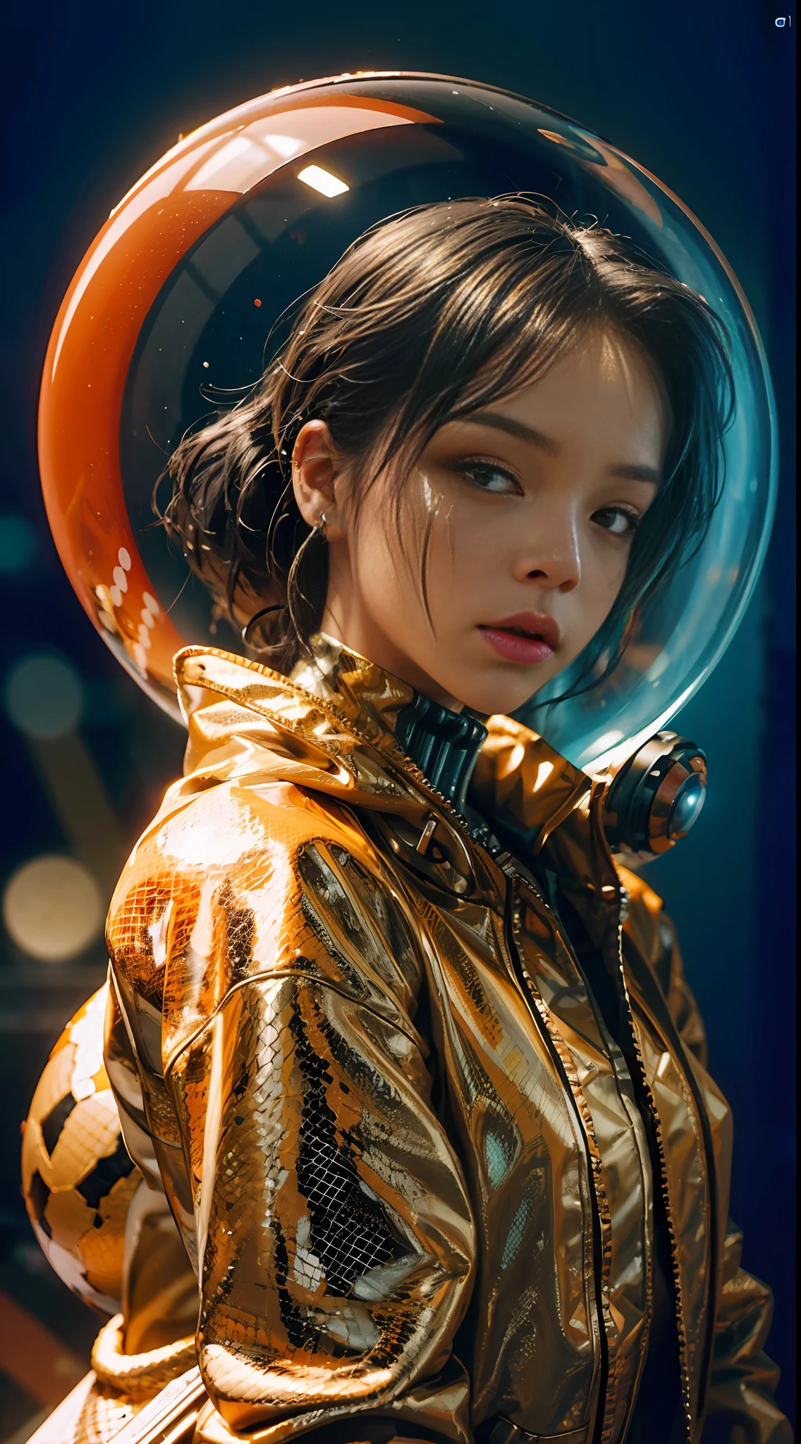 scifi, vintage, futuristic, raw photo, Rihanna with techwear jacket(orange and white), angry look, ultrasharp, luminous paint, particles, flares, 3d abstract renders background(c4d, octane render), large albino snake adorning, many details in an amazing composition, reflective glass spheres