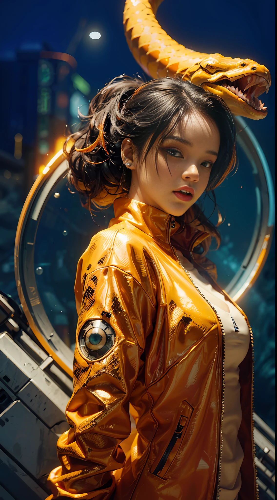 scifi, vintage, futuristic, raw photo, Rihanna with techwear jacket(orange and white), angry look, ultrasharp, luminous paint, particles, flares, 3d abstract renders background(c4d, octane render), large albino snake adorning, many details in an amazing composition, reflective glass spheres