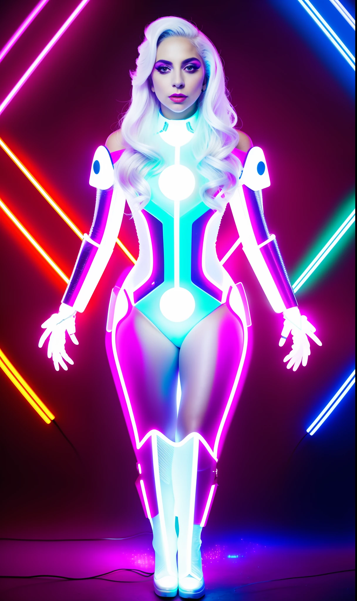 Lady gaga photo, 4K texture, robotic white dress,neon,white hair and long hairstyle, 8k image, haute couture, flashes, high image quality,neon dress, realistic face, various body poses, full body, 8k image