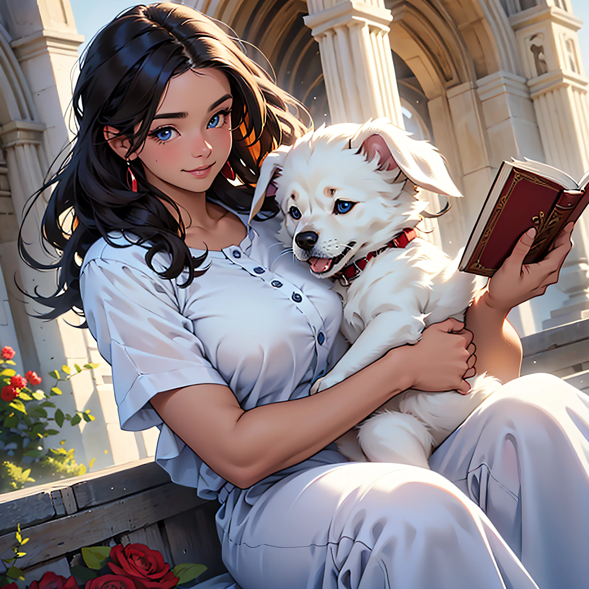 Cute puppy. Beautiful puppy. Adorable puppy. Portrait of a woman in a white dress, holding a book with delicate hands, expressing beauty and strength. Detailed portrait of an indigenous woman in cartoon style, with beautiful eyes, quick brushstrokes and vibrant colors. Cute puppy. Beautiful puppy. Masterpiece of a cute puppy, with red and white fur. Italian girl posing, detailed face, dark hair, athletic body, wearing red flannel and jeans. Soft hair, happy smile, cute Italian.