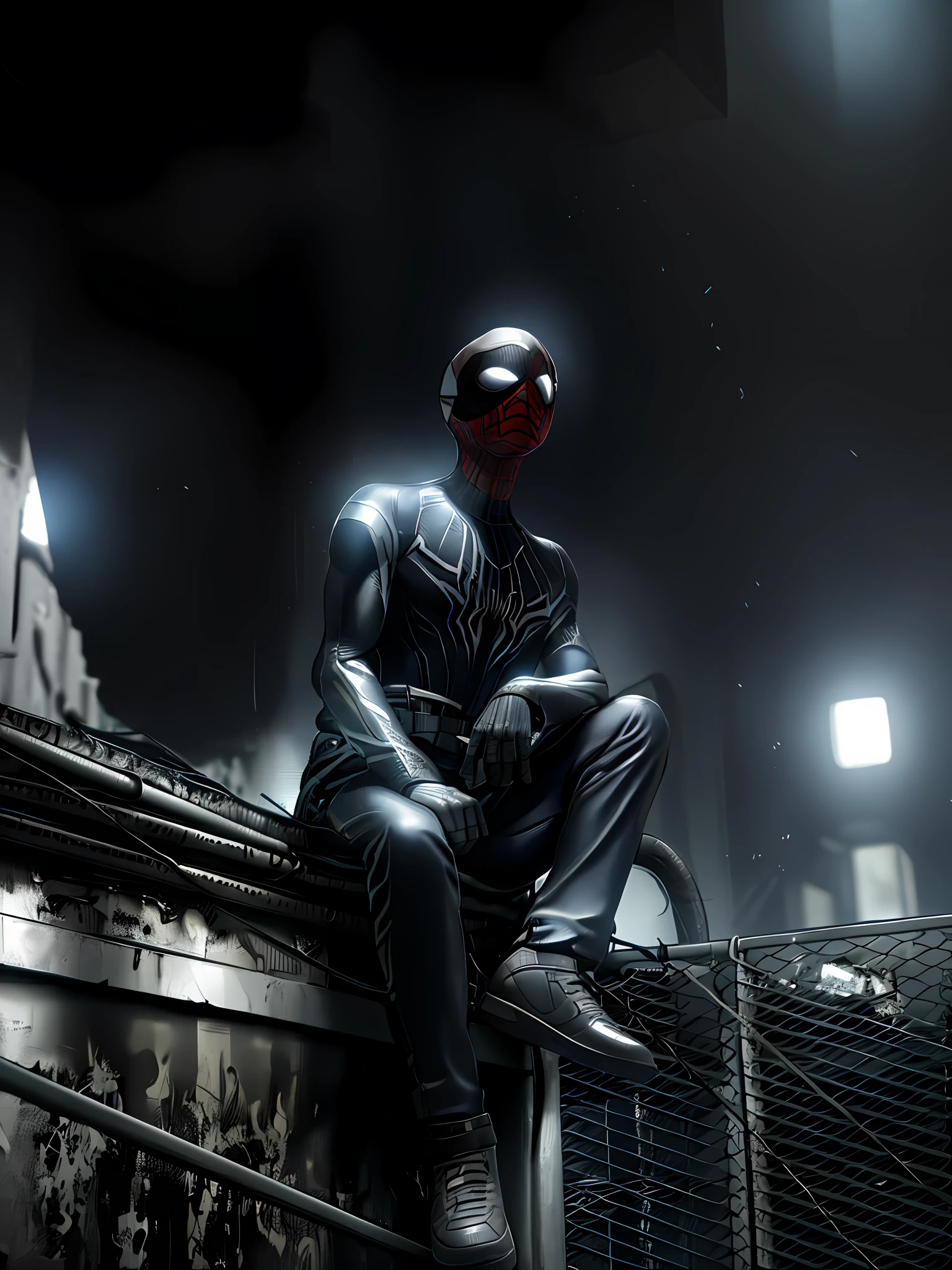 8k, RAW photo, best quality, masterpiece: 1.2), ultra detailed, official art, photo-realistic: 1.37, PS5 cinematic screenshot, highly detailed and detailed cinematic rendering, ultra photorealistic raytricing, with cinematic lighting, Black and White Spider-Man, Venom Symbiote Suit, Glittery Goo Organic Suit