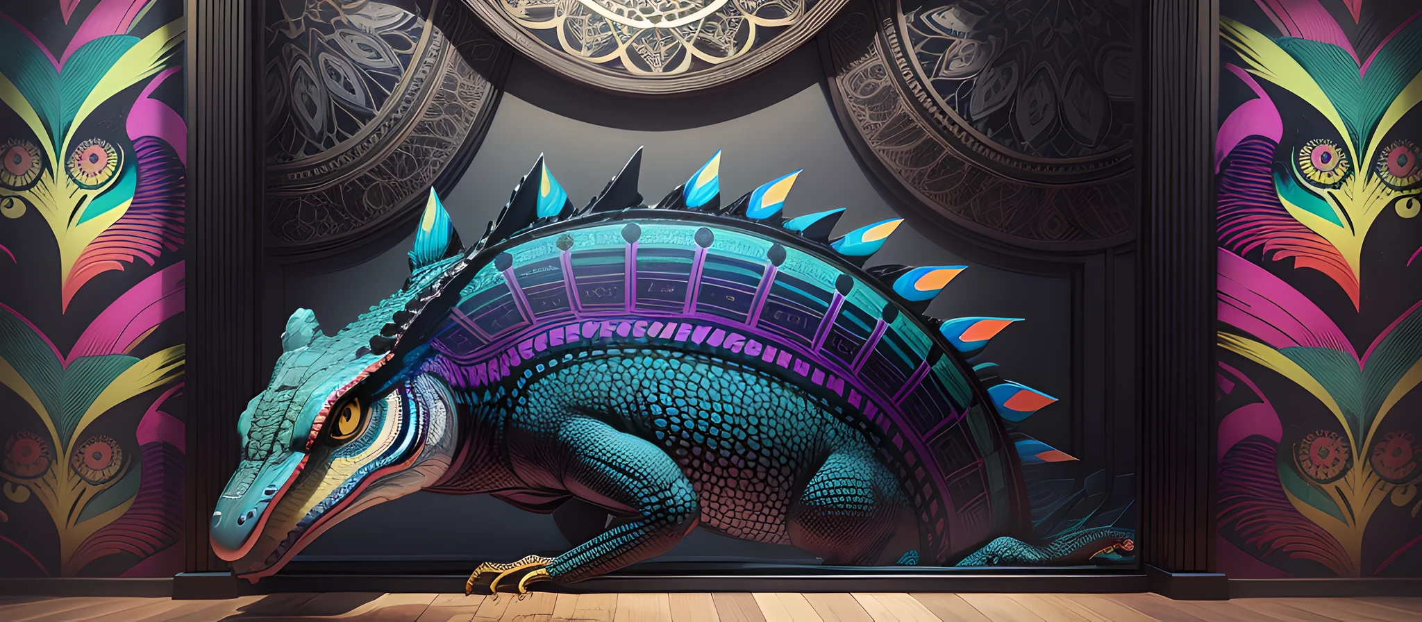 A modern and elegant vertical frame, finished in matte black, featuring a captivating and vibrant psychedelic painting of an alligator. The art of the alligator is exquisitely designed with vivid colors, intricate patterns and mesmerizing details. The painting is leaning against the back of the frame, creating a dynamic and casual display. The combination of the vertical frame and the psychedelic art of the owl add a touch of artistic fascination to any space.