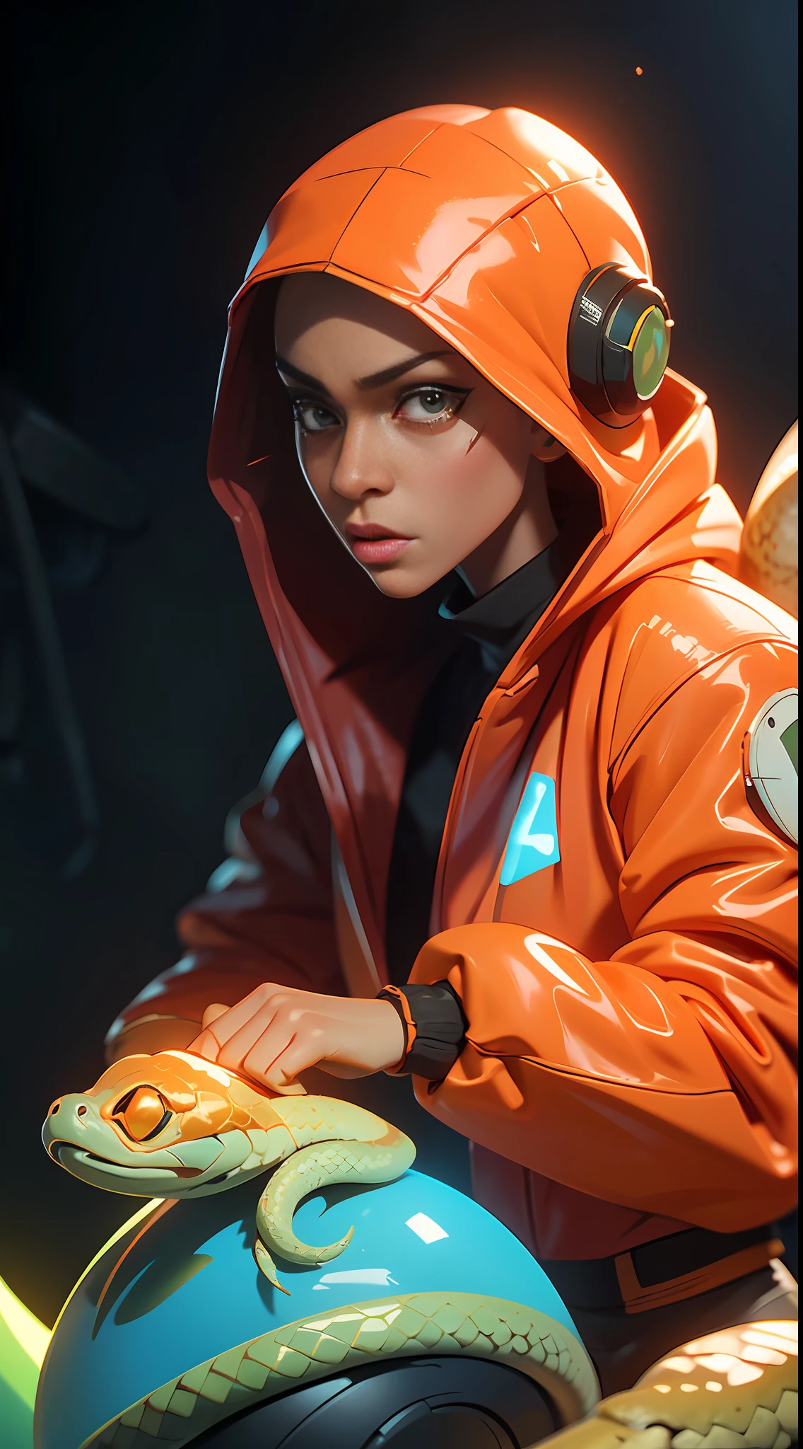 scifi, vintage, futuristic, raw photo, Rihanna with techwear jacket(orange and white), angry look, ultrasharp, luminous paint, particles, flares, 3d abstract renders background(c4d, octane render), large albino snake adorning, many details in an amazing composition, reflective glass spheres