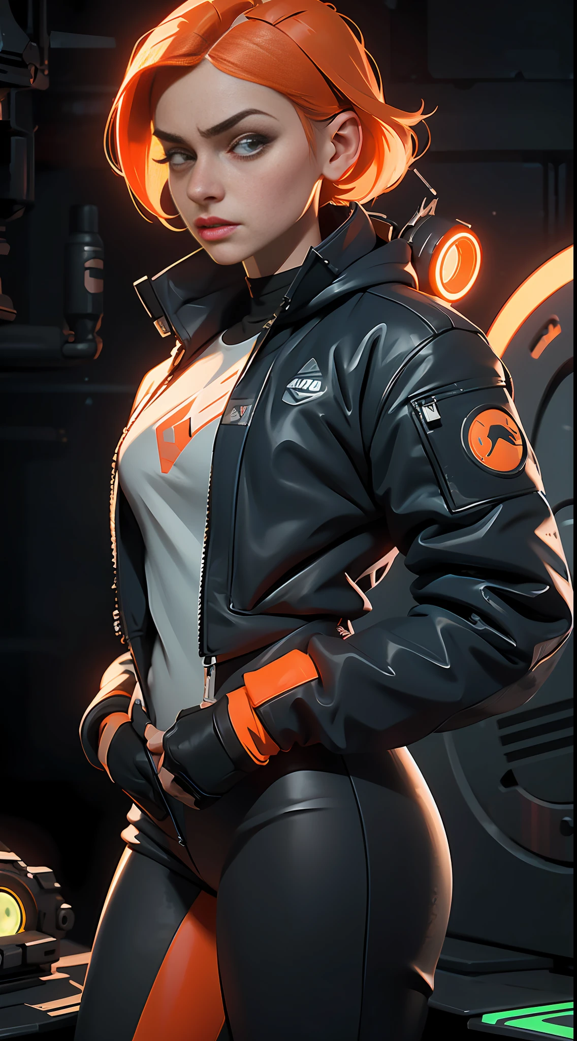scifi, vintage, futuristic, raw photo, 1girl with sexy techwear jacket(orange and white), angry look, ultrasharp, luminous paint, particles, flares, minimalist background, many details in an amazing composition, saturn