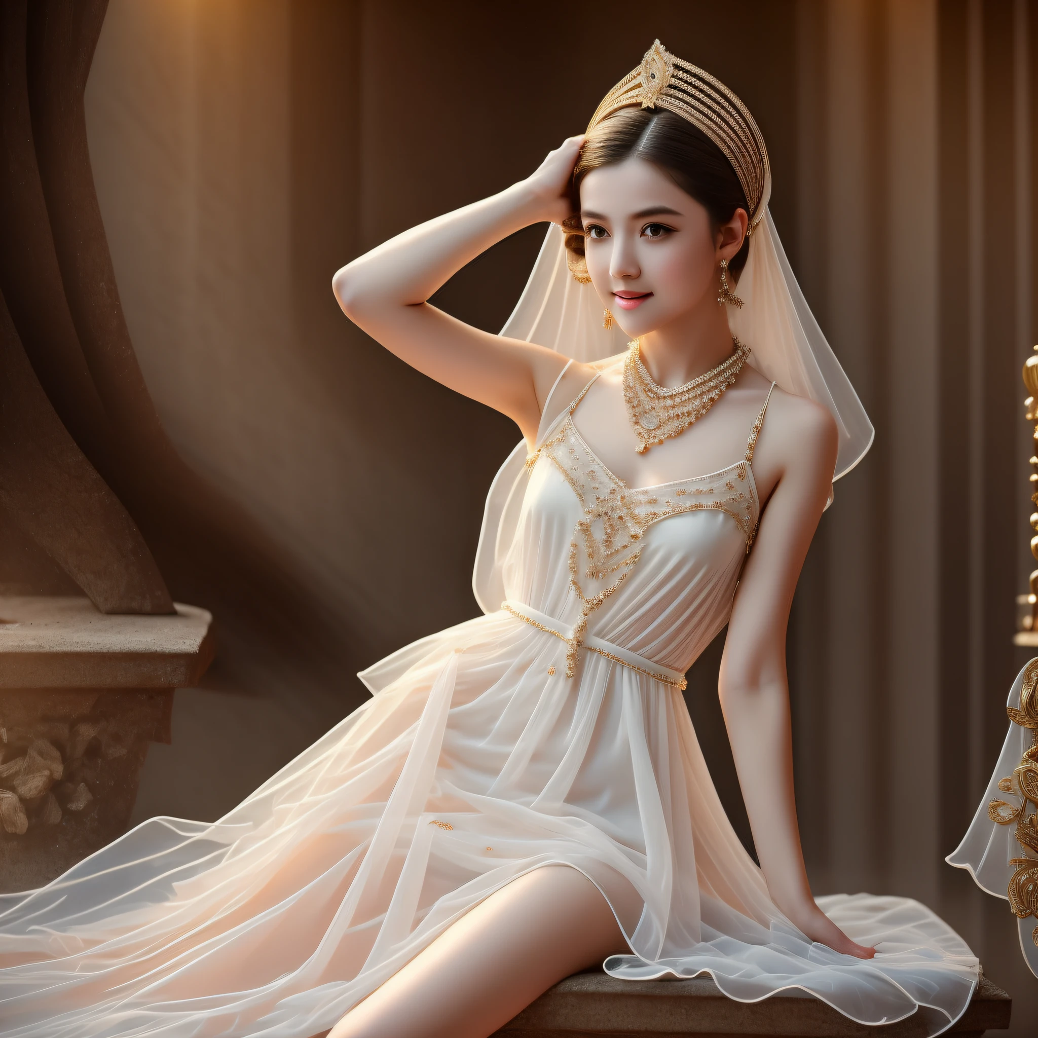 Best Quality, Masterpiece, High Resolution, 1 Girl, Porcelain Dress, Hair Accessories, Necklace, Jewelry, Beautiful Face, Physics, Tyndall Effect, Realism, Dark Studio, Edge Lighting, Two-tone Lighting, (High Detail Skin: 1.2), 8k UHD, DSLR, Soft Light, High Quality, Volumetric Light, Voyeur, Photo, High Resolution, 4K, 8K, Background Blur, Full Body: 1.3, Long Legs: 1.4, Smiley