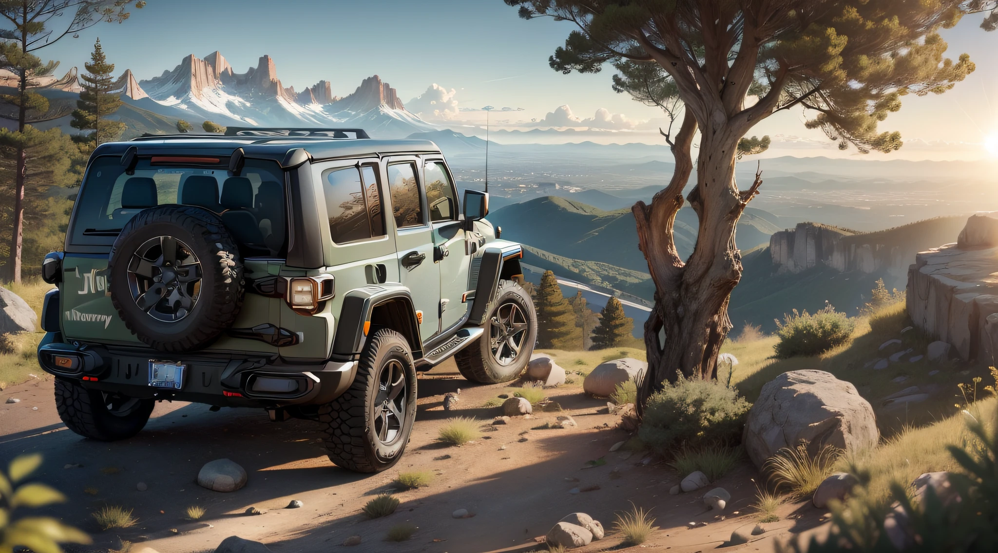 a Jeep 2023 car parked in a mountain top view with a city skyline in the background in a suny day, flare, trees shadows on the ground, big rocks and vegetation, one giant tree, photorealistic, automotive, canon 5D 50mm lens