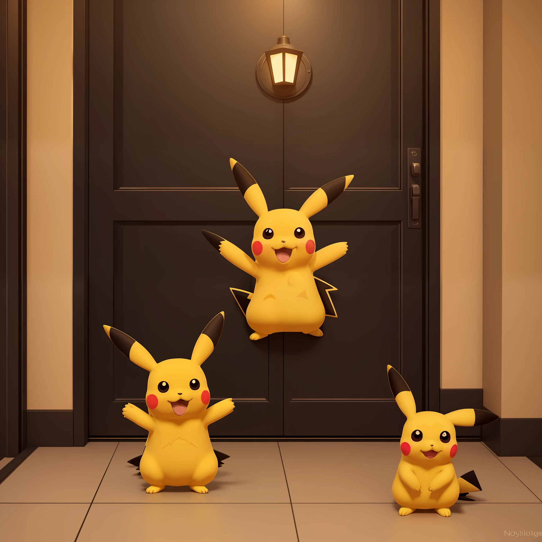 Cute little Pikachu waving and smiling greeting me in front of the theater door, unreal engine, cozy interior lighting, art station, detailed digital painting, cinematic, character design by (leagueofstyle,)