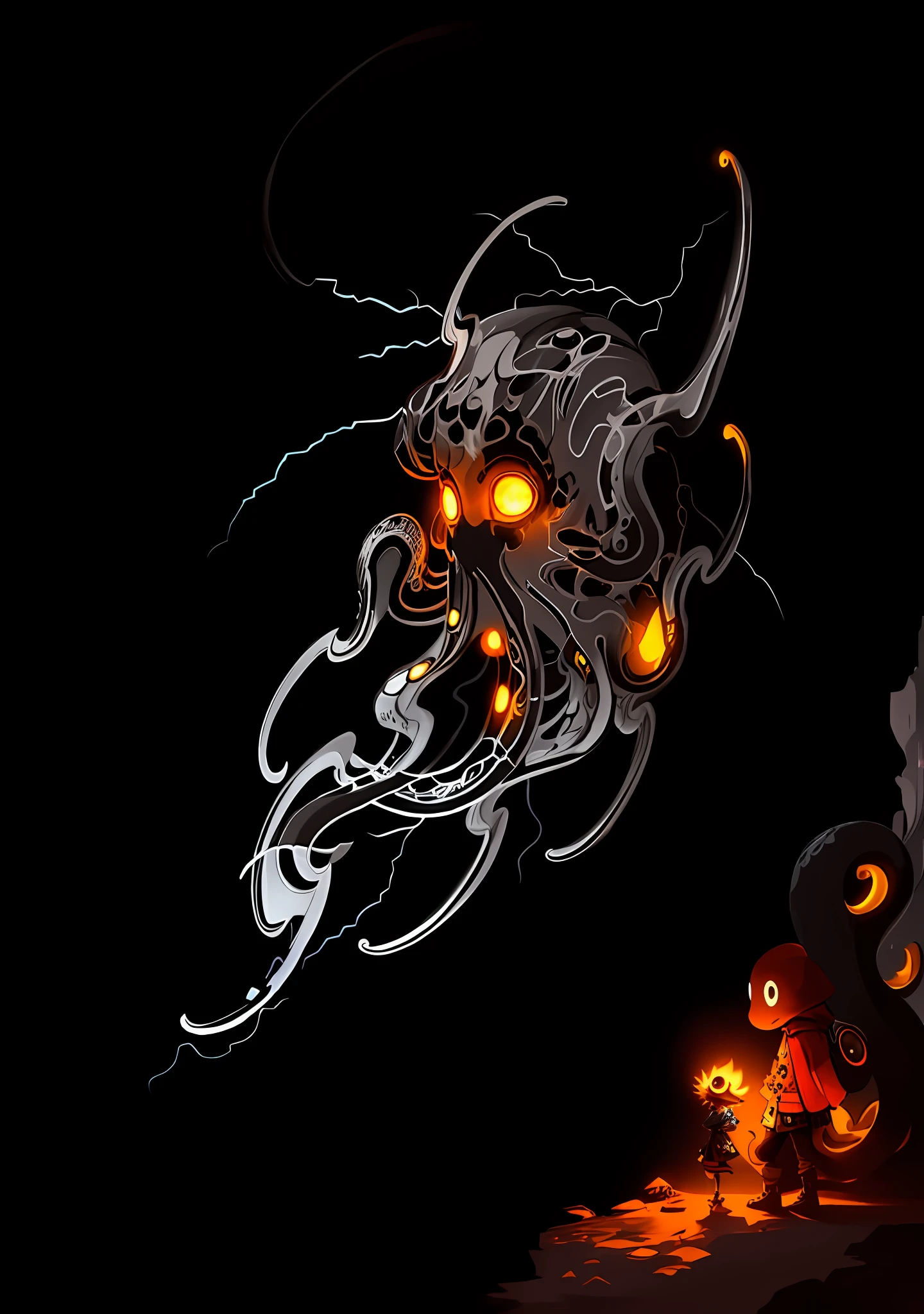 Black & Grey Octopus, in the Night Sky, illustration, by Greg Tocchini, (Brian Kesinger: 1.2), (Epic Realistic: 1.2), Caustic, (unrealengine: 1.1), (artstation: 1.3)