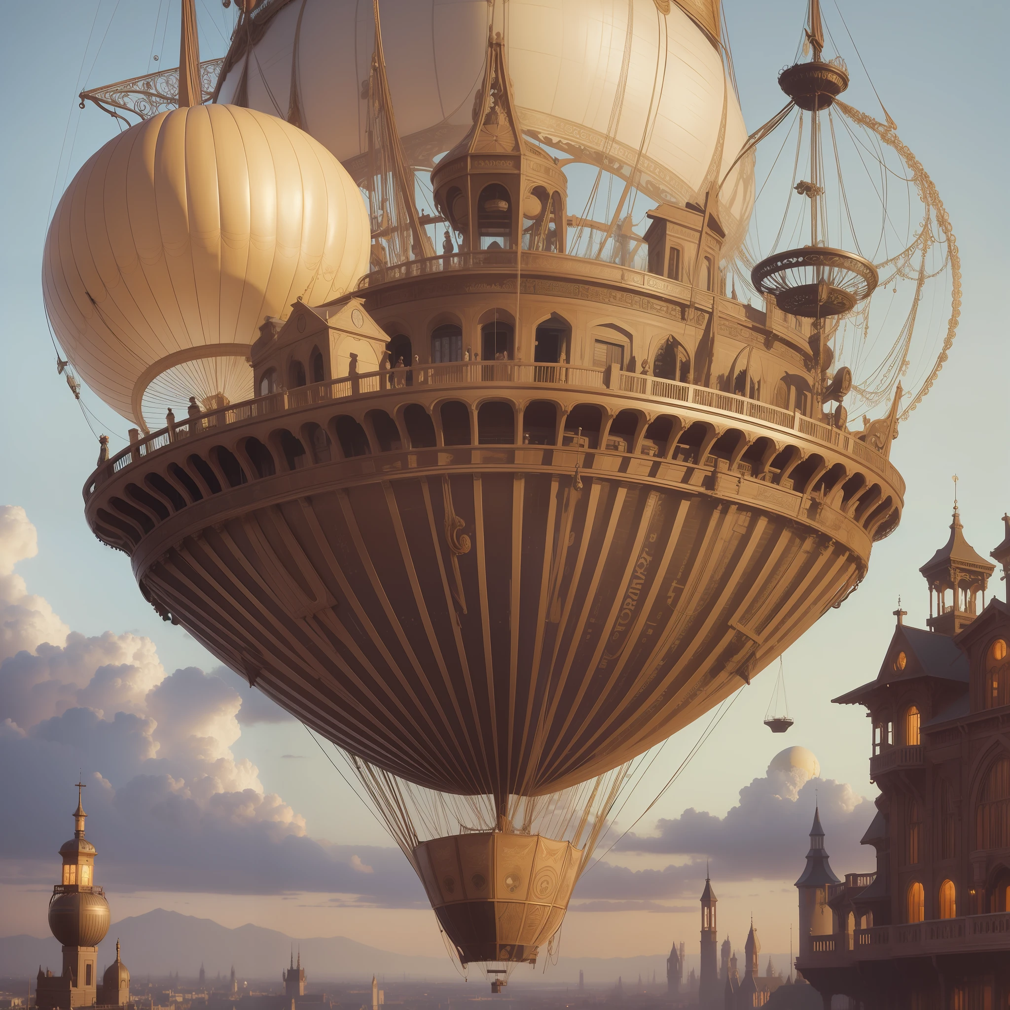 style of George B. Bridgman, steampunk, Victorian era hot air baloon ship above the town, Jules Verne, fantasy
