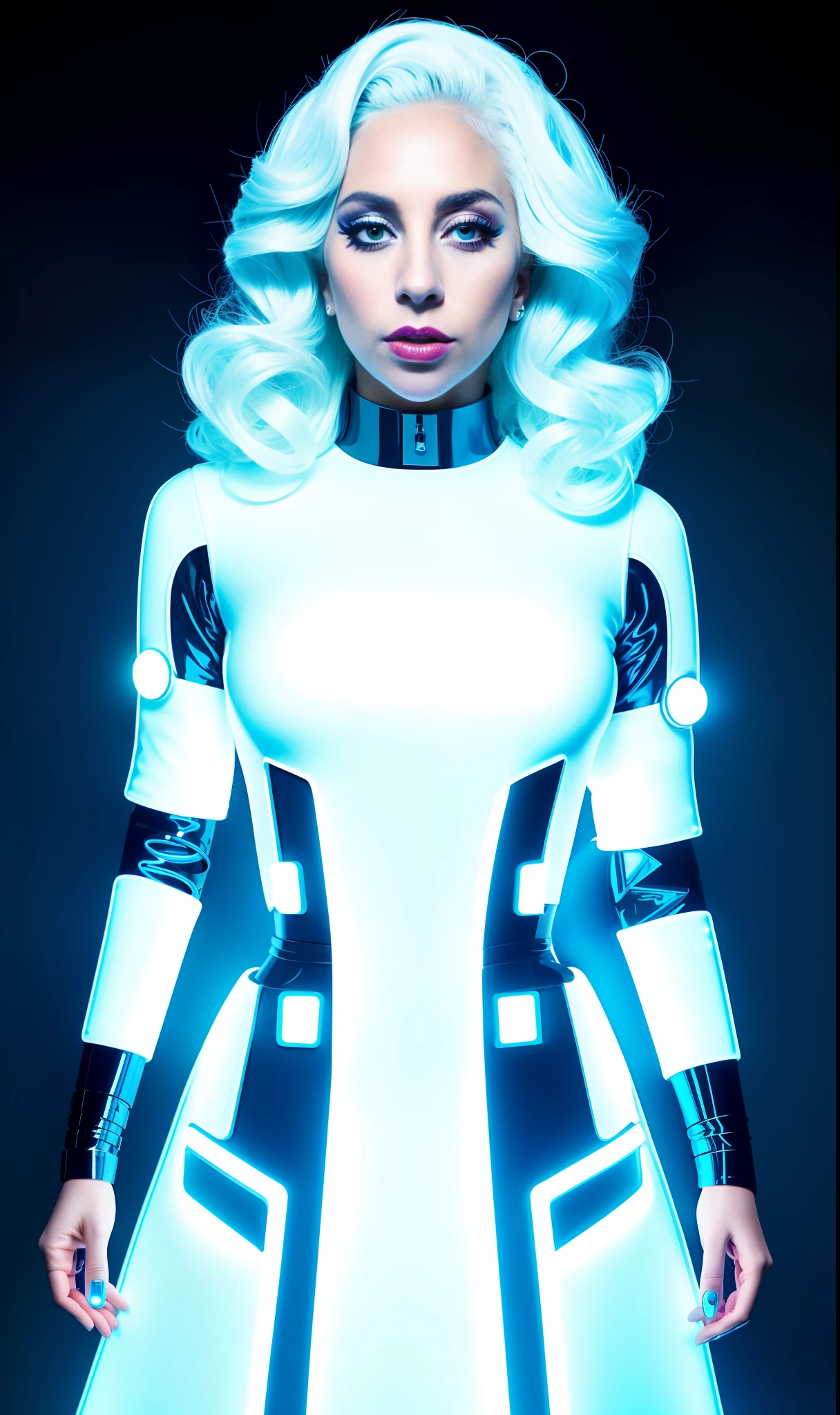 Lady Gaga Photo, 4K Texture, Robotic White Dress,Neon,White Hair, 8k Image, Haute Couture, Flashes, High Image Quality,Neon Dress, Realistic Face, Various Body Poses, Full Body, 8k Image