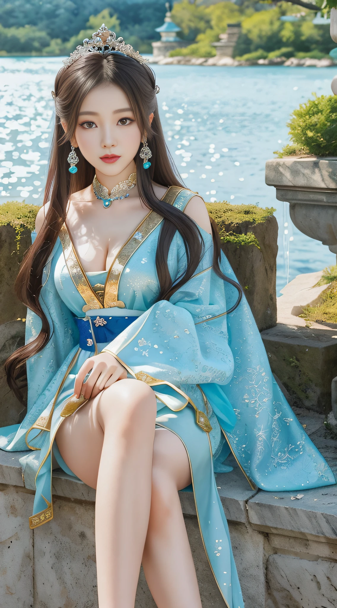 Arafad Asian woman in blue dress sitting on stone wall, palace, girl in Hanfu, beautiful fantasy queen, Hanfu, ((beautiful fantasy queen)), sea queen Mu Yanling, full body fairy, wearing ancient Chinese clothing, transparent tulle material, white hanfu, inspired by Lan Ying, Japanese goddess, royal elegant pose