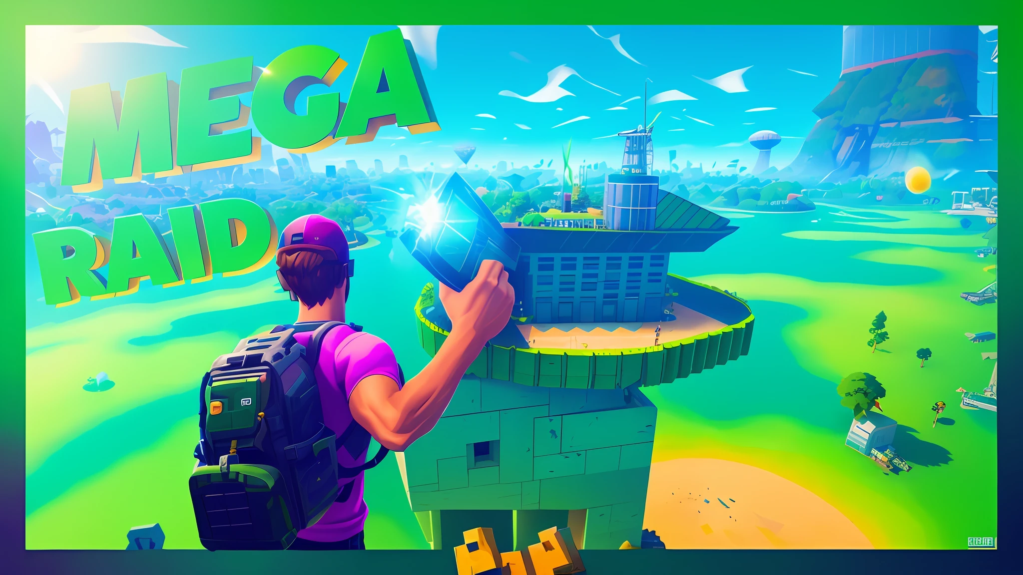 A closeup of a person holding a green object in front of a building, mega epic, giga, mega structure, mega realistic, mega highly detailed, giga Chad Capaybara, Fortress mega city structure, mega, mega death, giga chad, jerma985 in fortnite, stalenhag style, in pubg, bright colors, leave the image with vivid colors