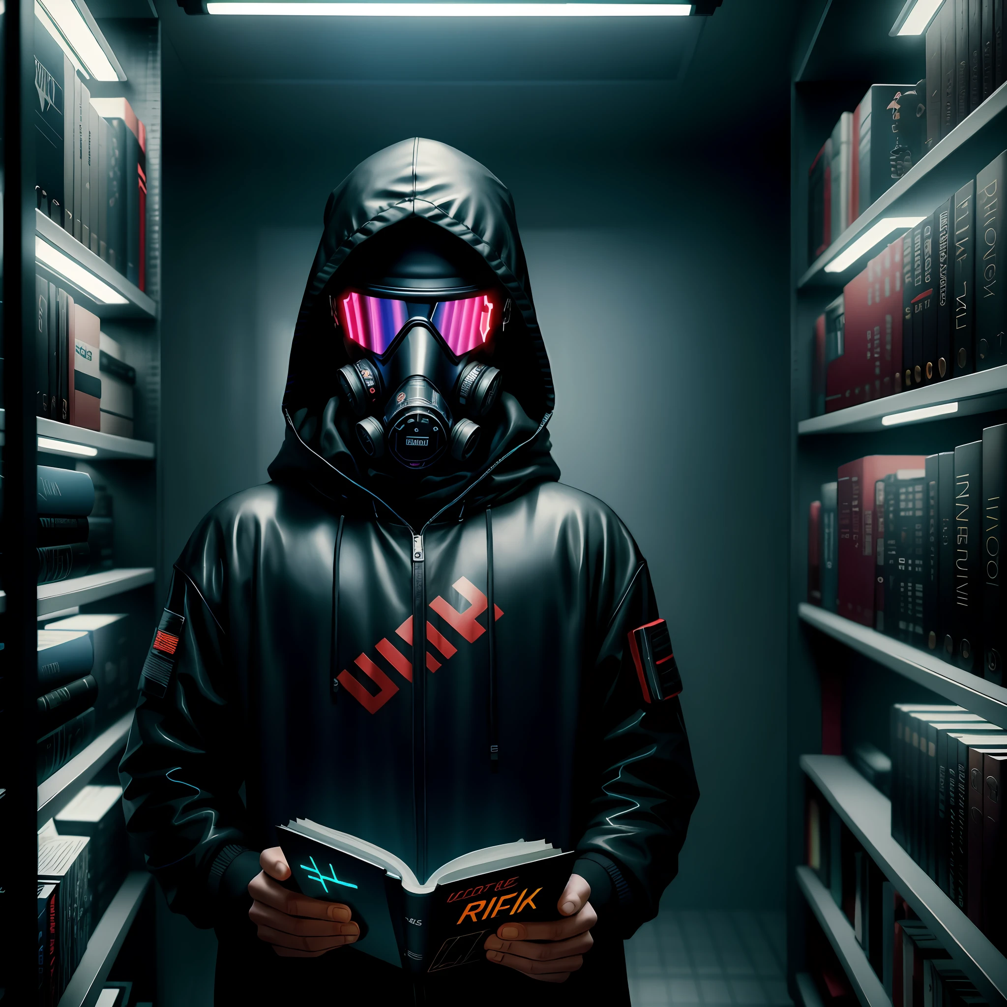 cyberpunk guy reading a book in dark room filled with books, wearing a hood, sneakers, gas mask, goggles, neon lighs, eye reflection, depth of field, cinematic lighting, drop shadow, blurry foreground, Wide-Angle, f/4.0, 35mm, Fujifilm, UHD, retina, masterpiece, super detail, high quality, textured skin, award winning, best quality, highres, 16k