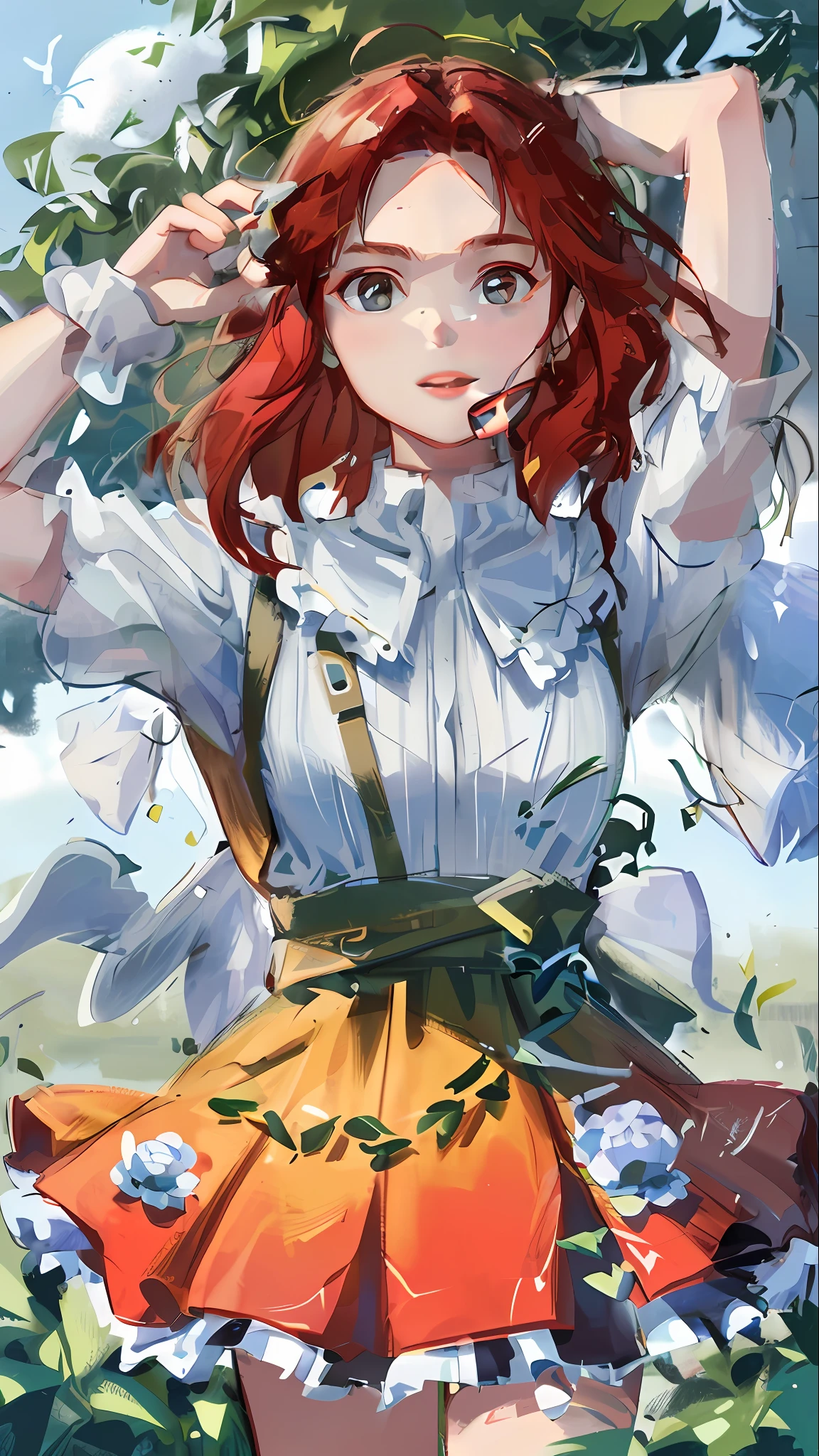 High Detail, Ultra Detail, Ultra High Resolution A cute and innocent girl, child, child, enjoying her time in the open countryside, red hair, red lace dress, surrounded by the beauty of nature, warm sun sprinkling over her, wildflowers swaying gently in the breeze. Butterflies and birds fly around it, increasing the playful atmosphere, , HDR (High Dynamic Range),Ray Tracing,NVIDIA RTX,Super-Resolution,Unreal 5,Subsurface dispersion, PBR texture, Post-processing, Anisotropic filtering, Depth of field, Maximum clarity and sharpness, Multilayer textures, Albedo and specular maps, Surface shading, Accurate simulation of light-material interaction, Perfect proportions, Octane Render, Two-tone lighting, Wide aperture, Low ISO, White balance, Rule of thirds, 8K RAW --v6