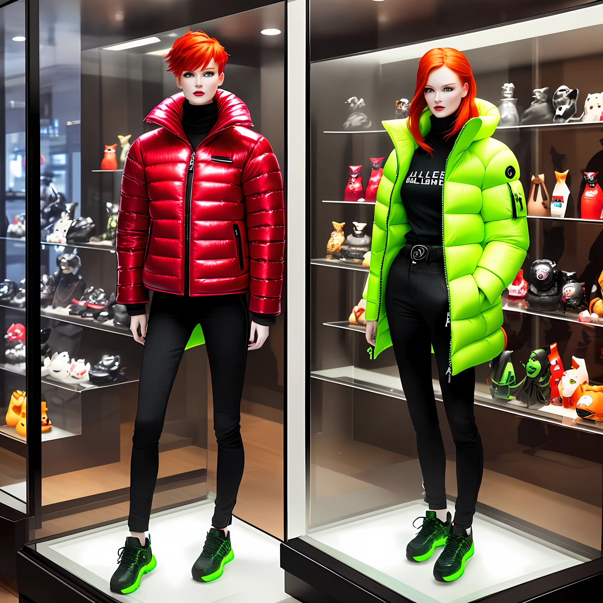 Creates an image of a (((full-body mannequin: 1.5))) with Irish Nordic facial features, perfect mannequin appearance, redhead natural red hair, long (((inside a display case: 1.5))) wearing (((Balenciaga puffer oversized style jacket: 1.5))) ((neon green, vivid color, critical)), modern pants,((posing static inside a showcase))) mannequin-looking, store-window, best image quality, high resolution photography camera 100mm lens