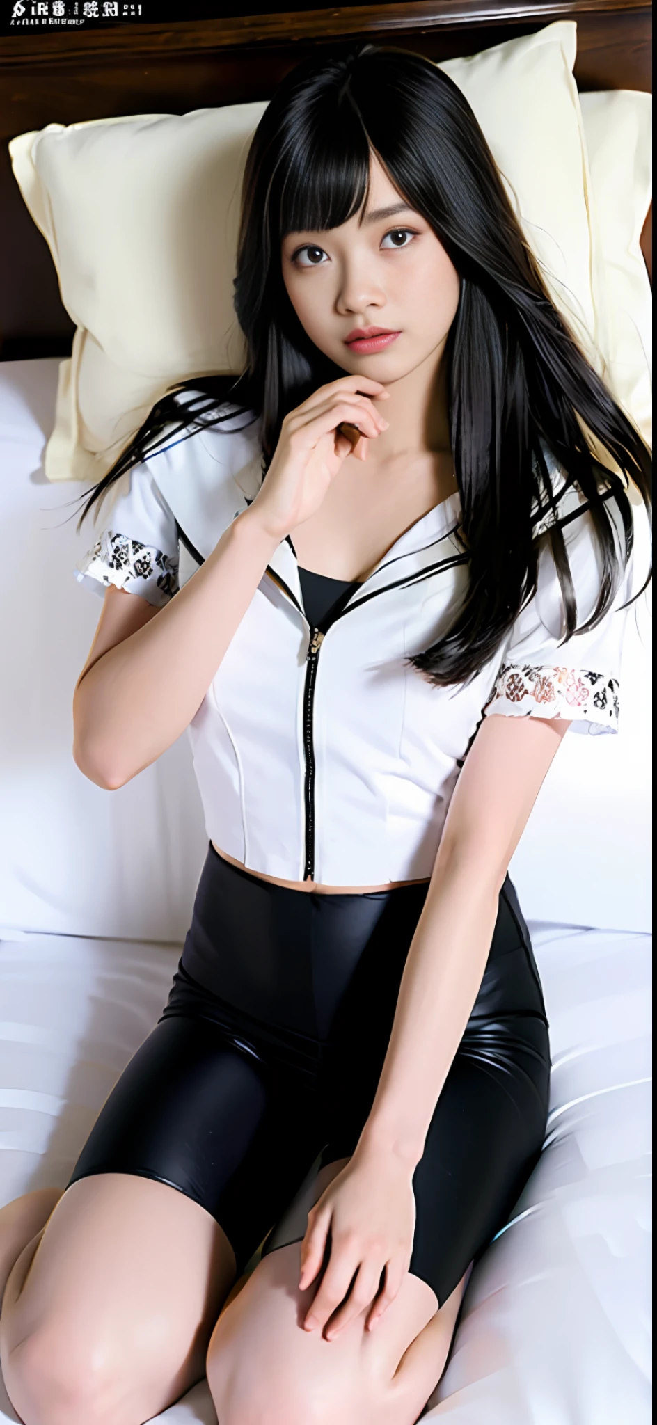 masterpiece, masterpiece, best quality, best quality, real, unity, 8k wallpaper, official art, highly detailed cg unity 8k wallpaper, ulzzang-6500, one girl, cute, professional lighting, ((long black spandex shorts: 1.37)), long hair, disheveled hair, (original: 1.2), (real: 1.4), ultra detailed, high resolution, ultra detailed, fantastic, Fine details, cinematic lighting, simple costumes, detailed clothing textures, bed, sleeping on your back, kneeling, projecting from above. (8k, RAW photo, highest quality, masterpiece: 1.27), (realistic, photorealistic: 1.37), physically based rendering, handsome, masterpiece, highest quality, high resolution,