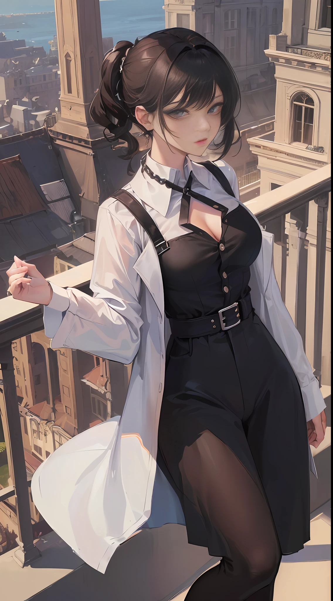 ((Top Quality, 8K, Masterpiece: 1.3)), Sharp Focus: 1.2, Cute Beauty with Perfect Figure: 1.4, Slim Big: 1.2, ((Black Casual Hairstyle, Big: 1.2, Big: 1.2)), (Extra Large Shirt, Buttoned Shirt, Open Shirt, White Shirt), (Men's Shirt), (No underwear)), (Semi-nude, ecstatic, standing: 1.2), ((( Simple balcony: 1.3 created mainly by women)), very detailed face and skin texture, fine eyes, double eyelids, slave chains, slave collars, harnesses,