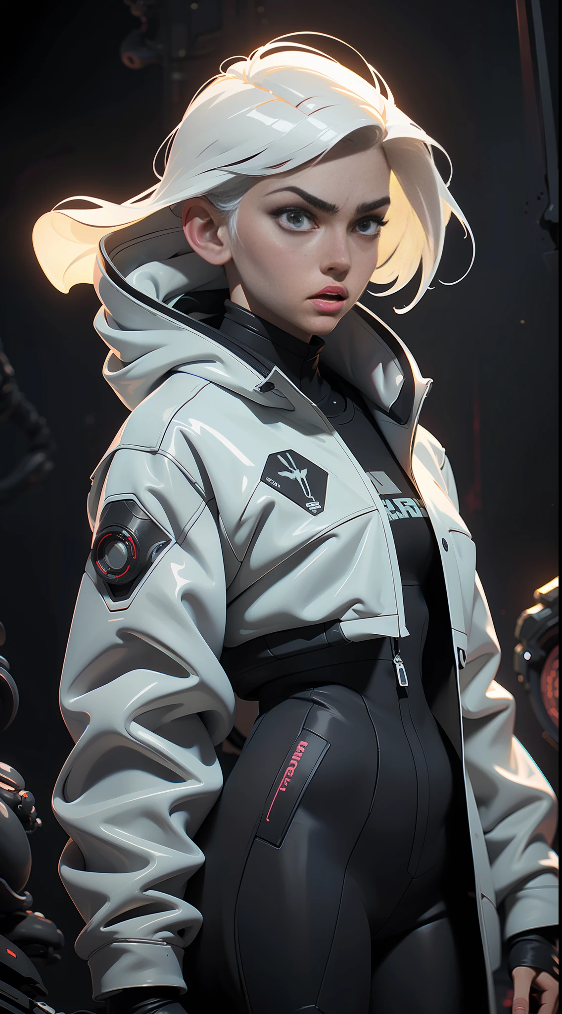 (best quality, masterpiece) scifi, horror, darkart, futuristic, raw photo, 1girl with sexy techwear jacket(glossy white), (white glossy hair) angry look, ultrasharp, (outline contourn) luminous paint, particles, flares, many tentacles background, many details in an amazing composition, cables, technology