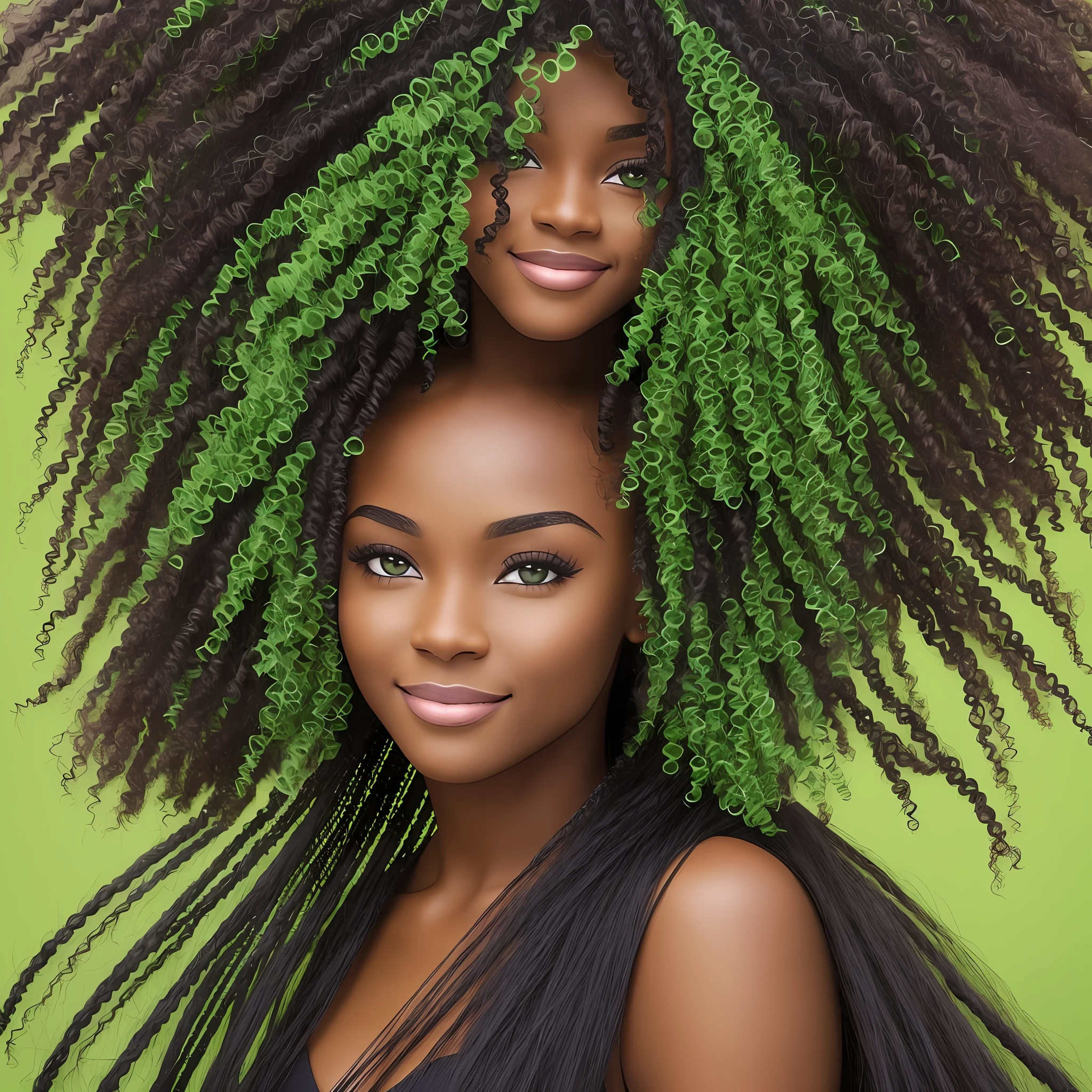 Beautiful black woman standing with long, black hair. Green eyes, beautiful smile and realistic features of a human being --auto --s2