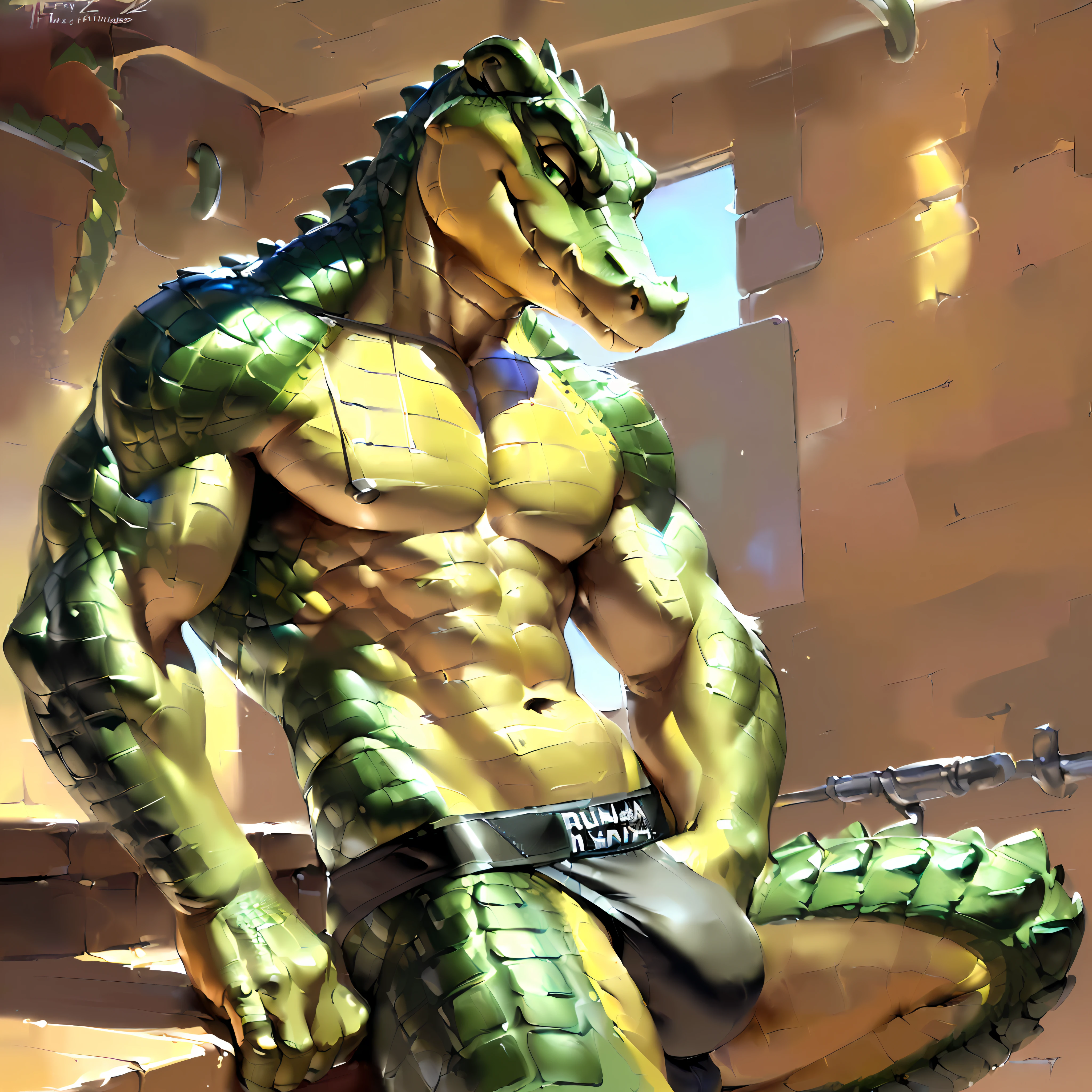 (masterpiece, best quality, high quality, highres:1.4), detailed, extremely detailed, ambient soft lighting, 4K, by (by Pino Daeni, (by ruaidri), yupa, kiyosan,(by meesh), (by sollyz) (by fffffolder)), (cuban crocodile: ( slim_hunk, athletic, crocodile, yellow body, scales, athletic muscle, anthro legs, (crocodile feet) (((solo))), (long snout), (toe claw), green eyes, (detailed eyes), crocodile tail, bare_shoulders, (((no clothing))), (((black jockstrap))), (((flexing))), looking at viewer, submissive, (((smirking))), tag:1boy)) ,(((bedroom)))