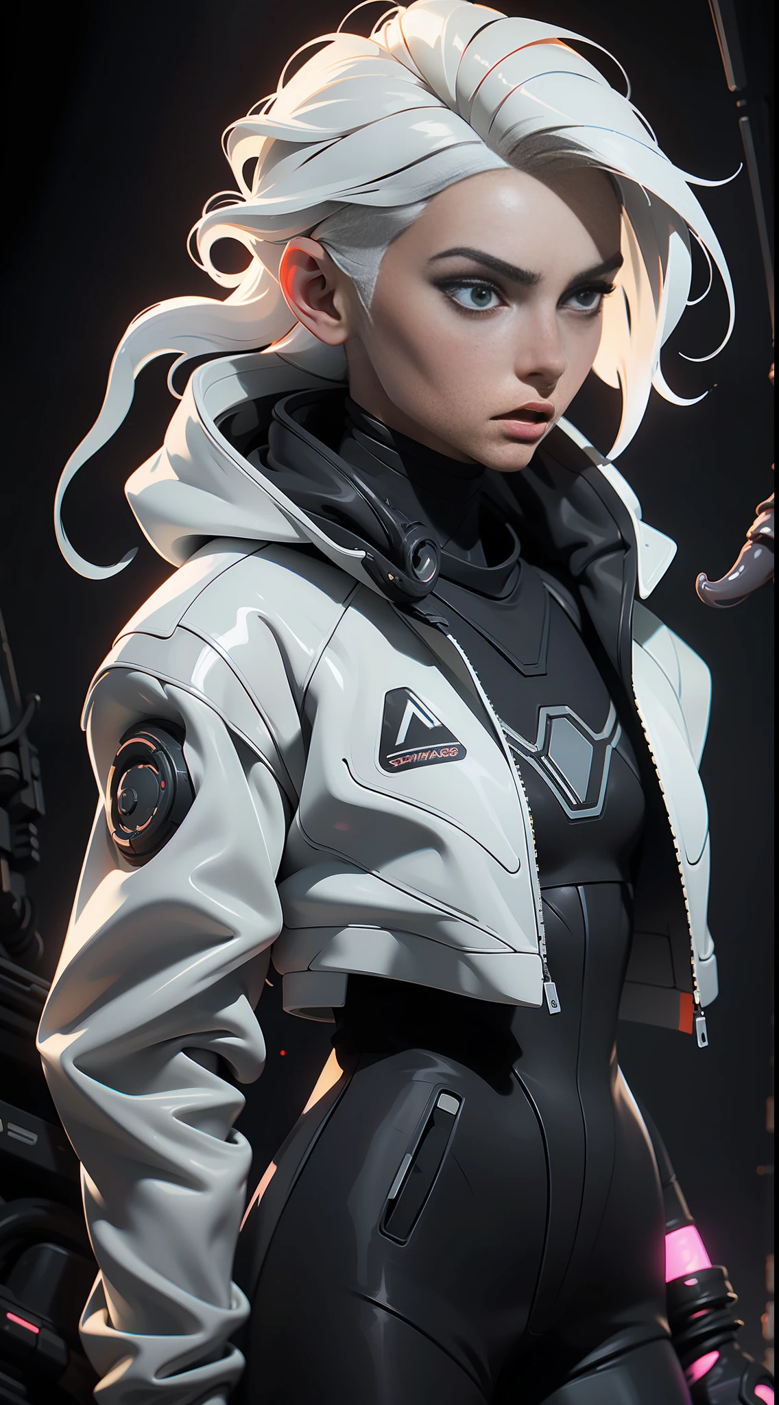 (best quality, masterpiece) scifi, horror, darkart, futuristic, raw photo, 1girl with sexy techwear jacket(glossy white), (white glossy hair) angry look, ultrasharp, (outline contourn) luminous paint, particles, flares, many tentacles background, many details in an amazing composition, cables, technology