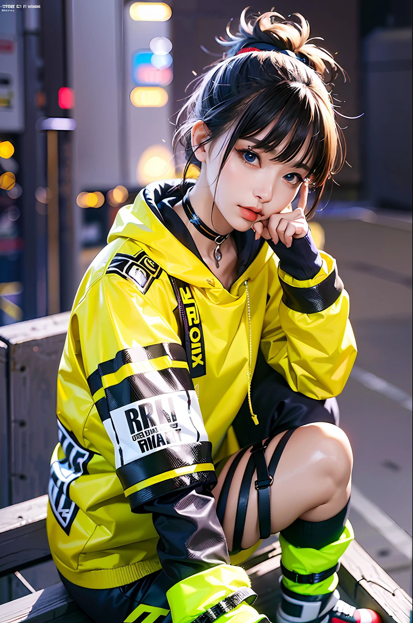 (masterpiece), best quality, ultra high res, beautiful clean face, cyberpunk girl, teenager, wearing yellow techwear jacket and black trousers with buckle and tape, sitting on a rooftop, night city cyberpunk style , neon lights,  ulzzang-6500-v1.1