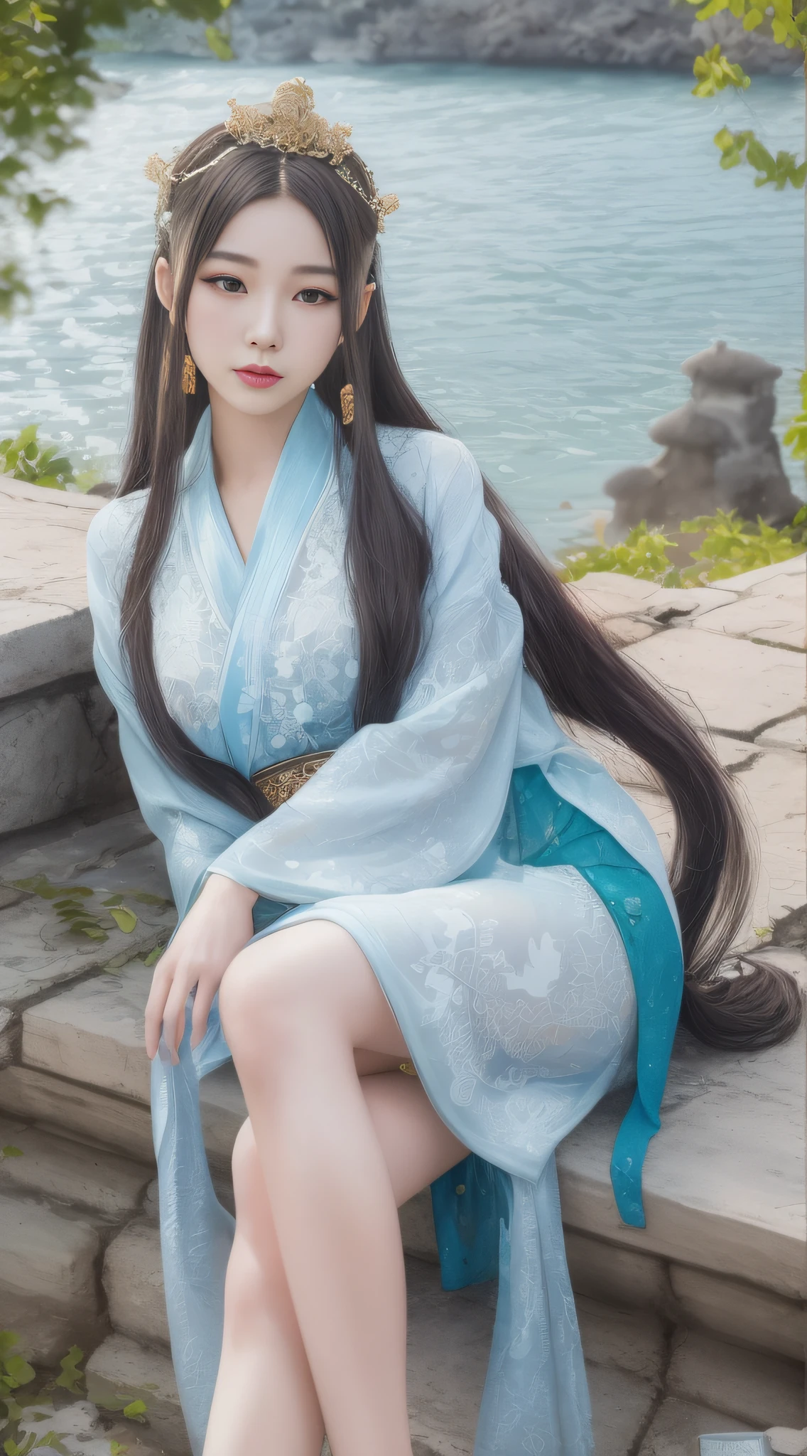 Arad Asian woman in blue dress sitting on a stone platform near the water, palace, Hanfu girl, wearing ancient Chinese clothing, ancient Chinese costume, flowing hair and robes, beautiful fantasy queen, inspired by Huang Ji, popular in CGSTATION, tulle transparent clothing material, white Hanfu, full body fairy, sea queen Mu Yanling