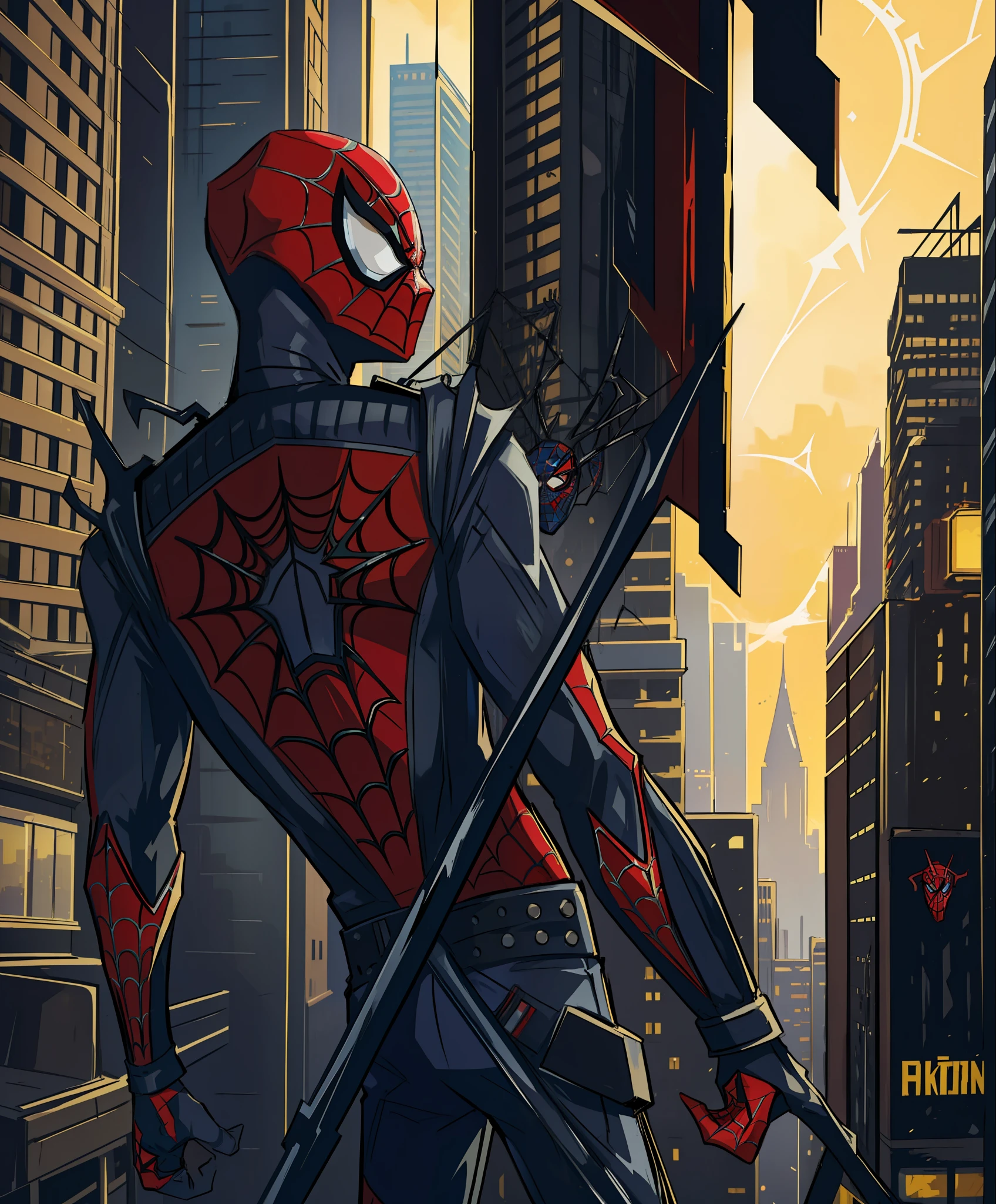(masterpiece, best quality), intricate details, 8k, artstation, wallpaper, official art, splash art, sharp focus,
1Boy, black punk spiderman costume, with punk spiderman mask with a spider in the center of the uniform
skyscrapers, city, buildings, cars, street, spider web effect