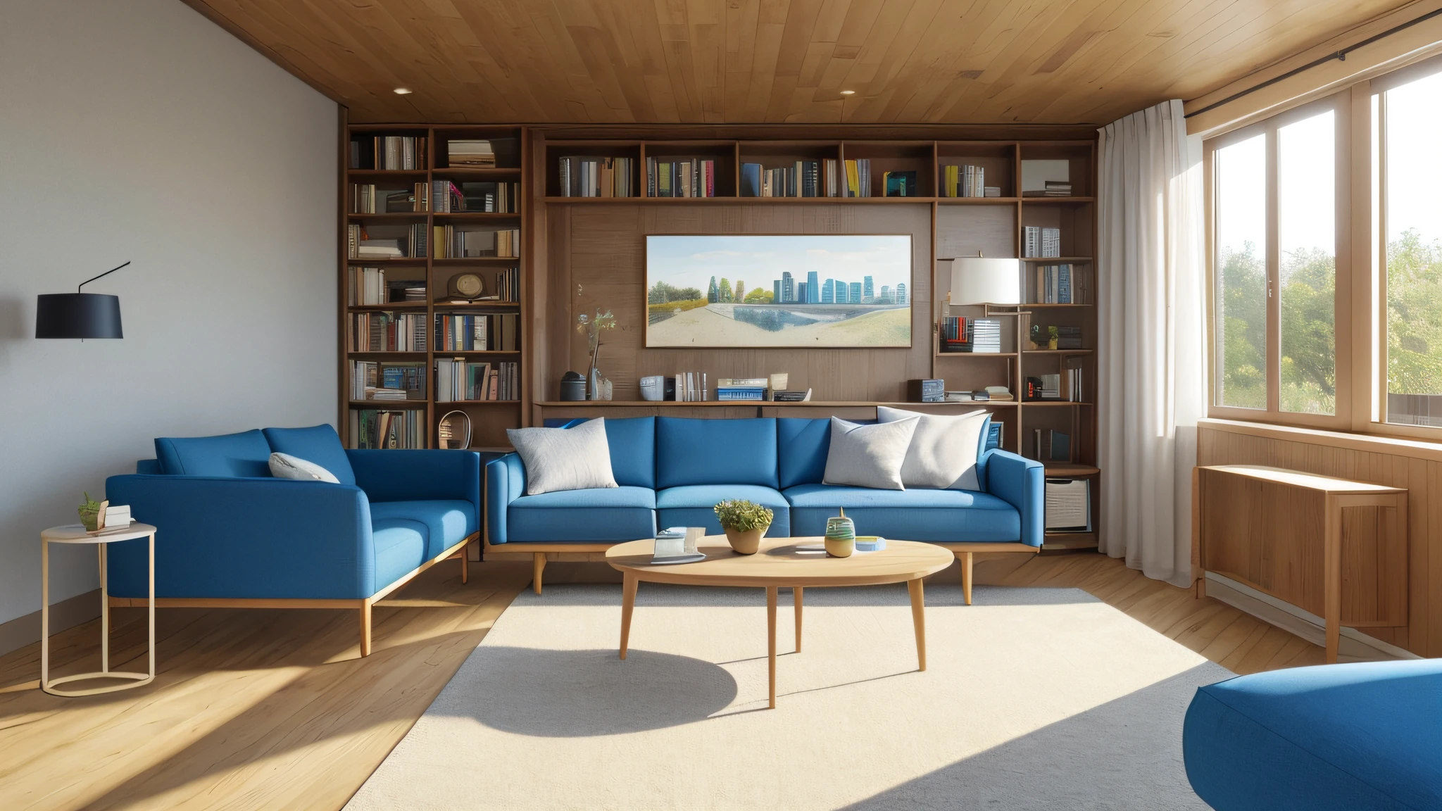 photorealistic modern living room, sharp and crisp background, sofa, low table, bookshelf, parks and buildings from window, wood and flower, beautiful landscape, best quality, masterpiece, hires, in the morning light, detailed lighting, blue sky, (((photo))), (((photorealistic))) ,kkw-ph1, wide shot, web meeting backgroun