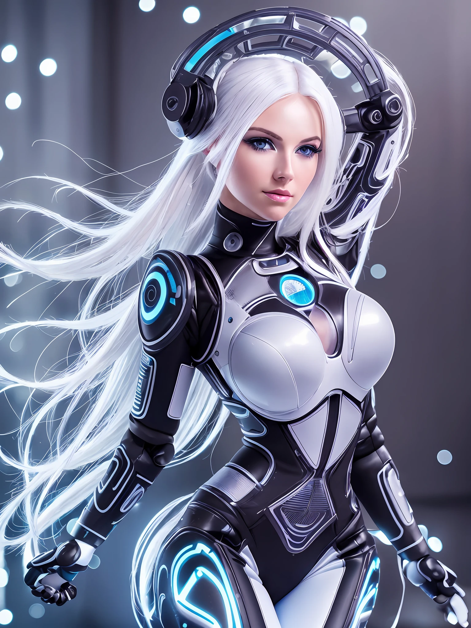 Beautiful photograph of a female robot, (((photographic, photo, photogenic))),woman with white hair and blue eyes, (detailed face, nose), wearing ((Leggings)) and ((Bodysuit)) (f1.8 short focus bokeh), focus on eyes, studio white background, depth of field, light and shadow, chiaroscuro