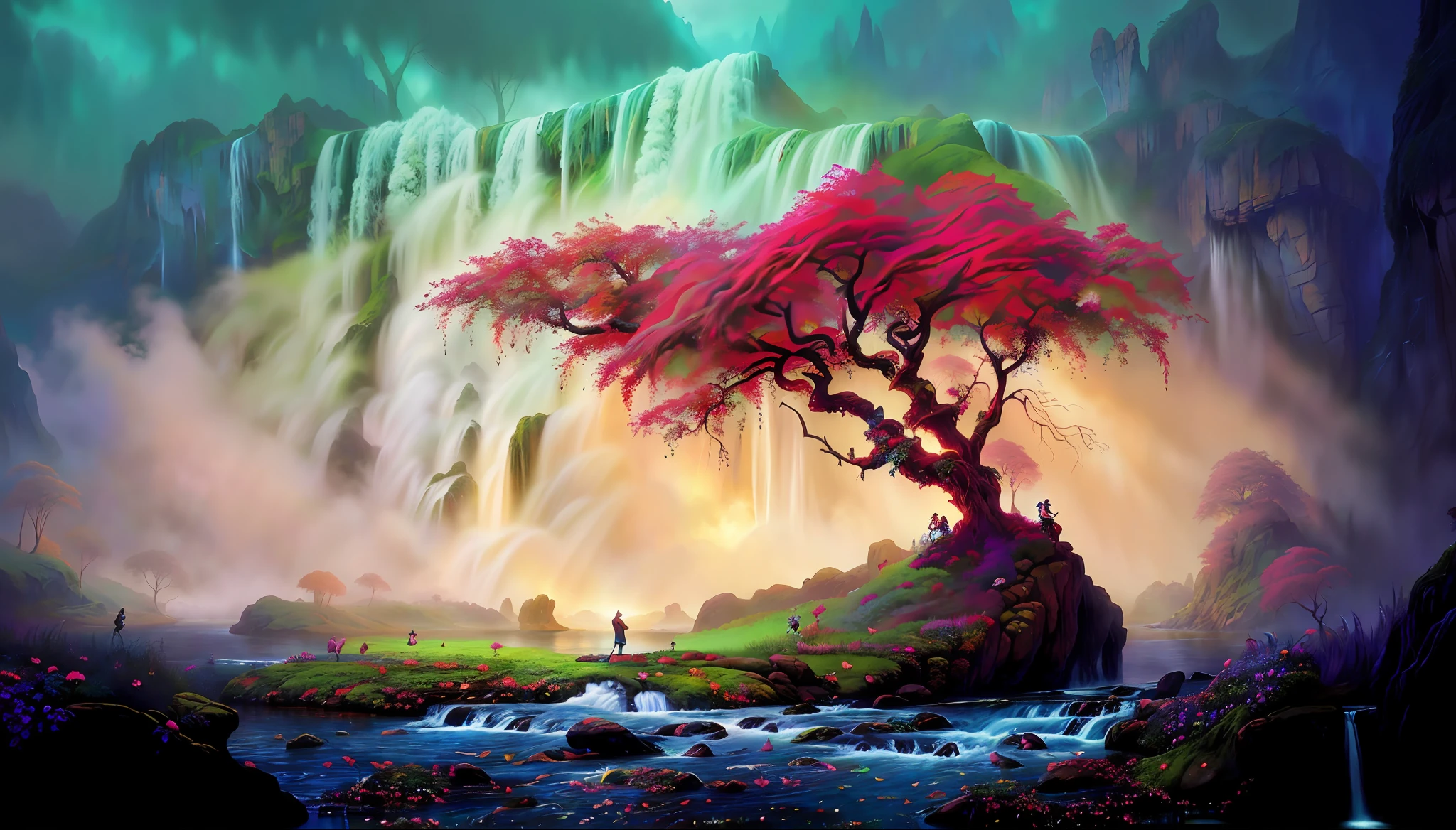 Painting of a man standing under a tree in front of a waterfall, beautiful breathtaking trees, breathtaking beautiful trees, fantasy tree, Paul Lehr and Beeple, with trees and waterfalls, very beautiful photo, beautiful matte oil painting, breathtaking composition, magical colors and atmosphere, Roger Dean and Alexander Jansson,  beautiful UHD 8K art, beautiful UHD 8K art, fantasy. gondola boat, fancy painting hd, epic surrealism oil painting 8k, magical colors and atmosphere, surreal colors, highly detailed digital art 8k, oil painting 8k, oil painting 8k, detailed painting 8k, high quality, sharp focus, fujifilm XT3