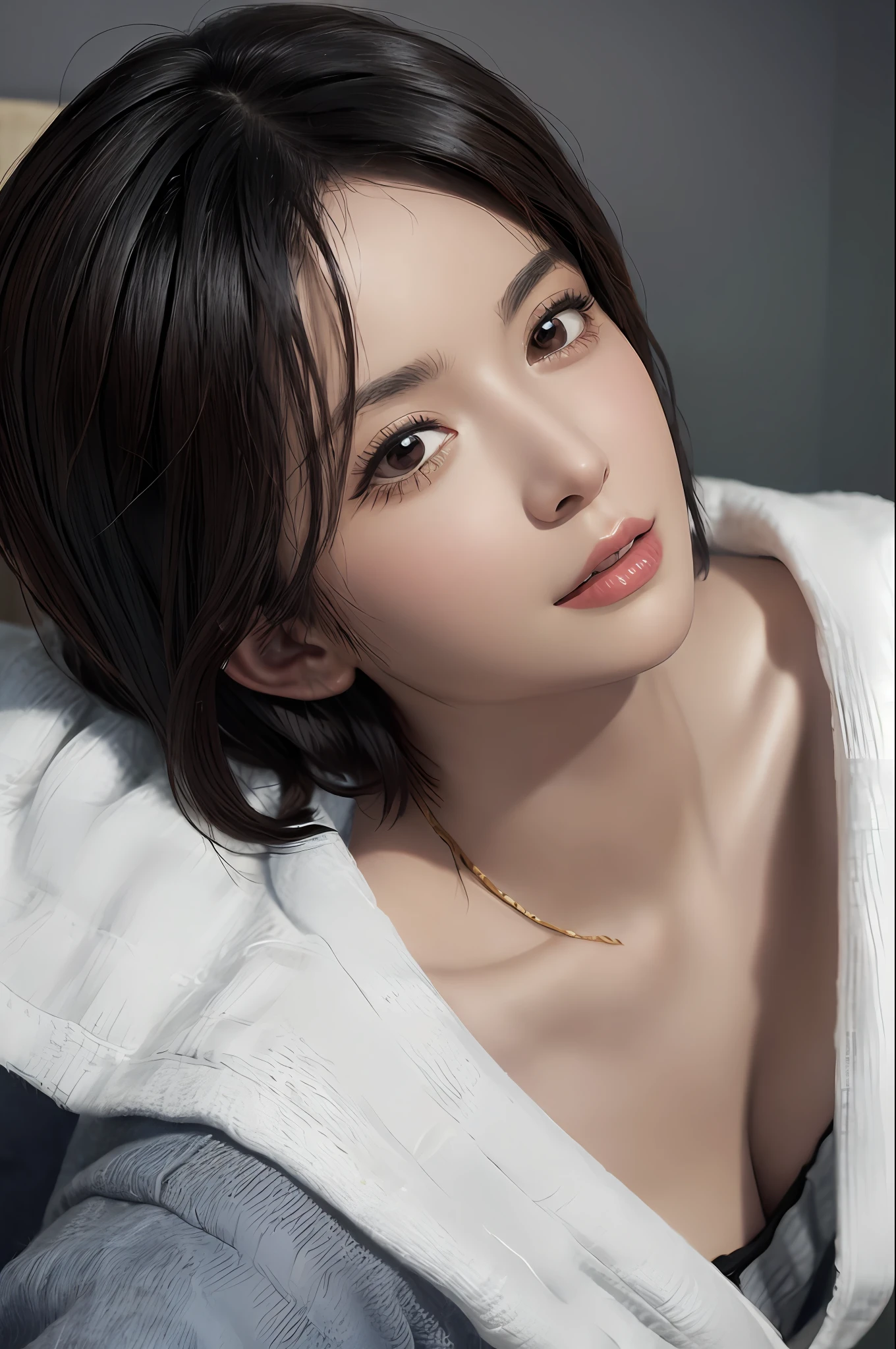 (Masterpiece:1.3), (8K, Photorealistic, RAW Photography, Best Quality: 1.4), (1 Girl), Beautiful Face, (Realistic Face), (Black Hair, Short Hair:1.3), Beautiful Hairstyle, Realistic Eyes, Beautiful Detail Eyes, (Realistic Skin), Beautiful Skin, (Sweater), Absurdity, Attractive, Ultra High Definition, Ultra Realistic, High Definition, Golden Ratio, Full Body Shot, Camisole, One Piece