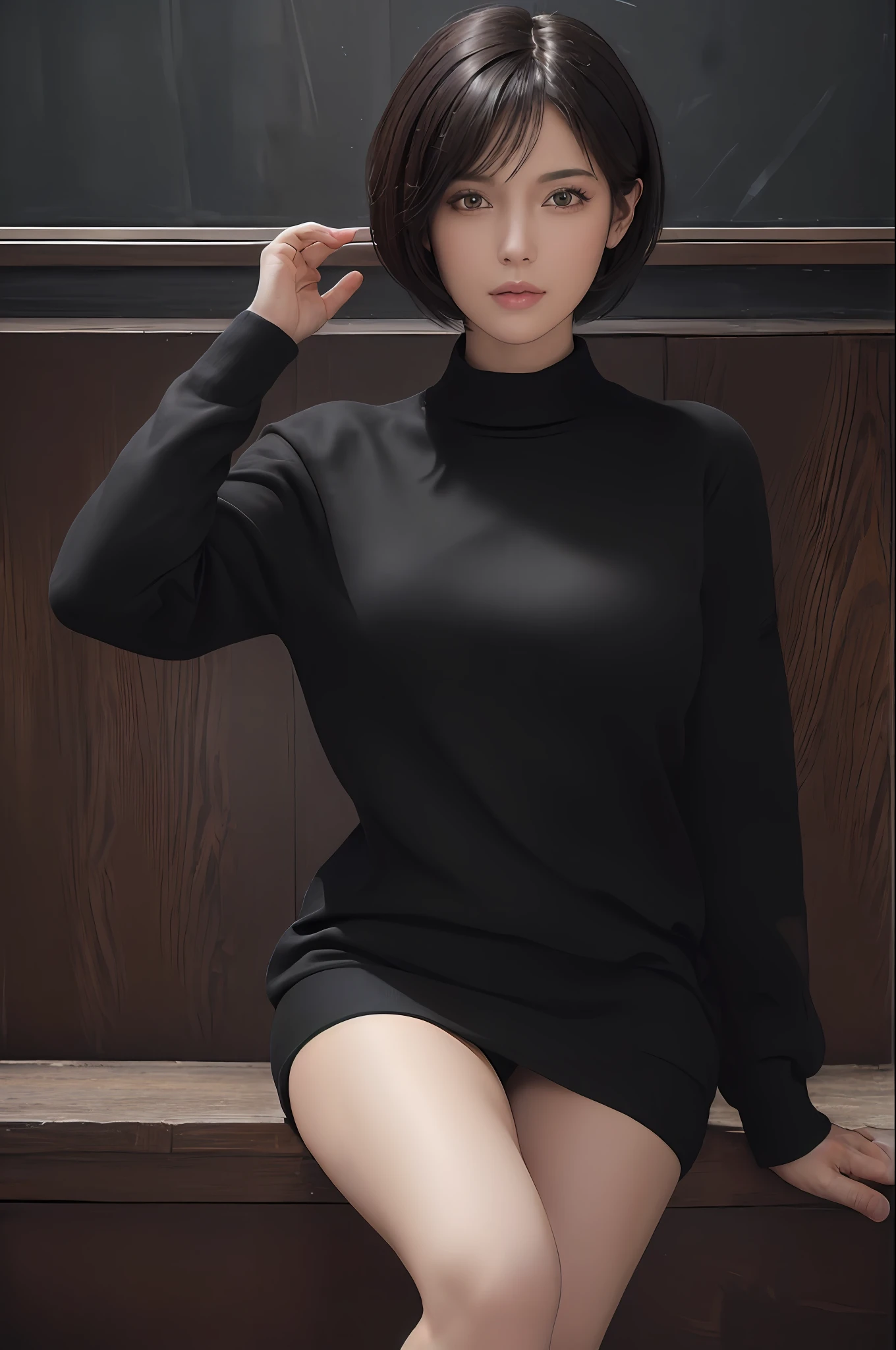 (Masterpiece:1.3), (8K, Photorealistic, RAW Photography, Best Quality: 1.4), (1 Girl), Beautiful Face, (Realistic Face), (Black Hair, Short Hair:1.3), Beautiful Hairstyle, Realistic Eyes, Beautiful Detail Eyes, (Realistic Skin), Beautiful Skin, (Sweater), Absurdity, Attractive, Ultra High Definition, Ultra Realistic, High Definition, Golden Ratio, Full Body Shot, One Piece