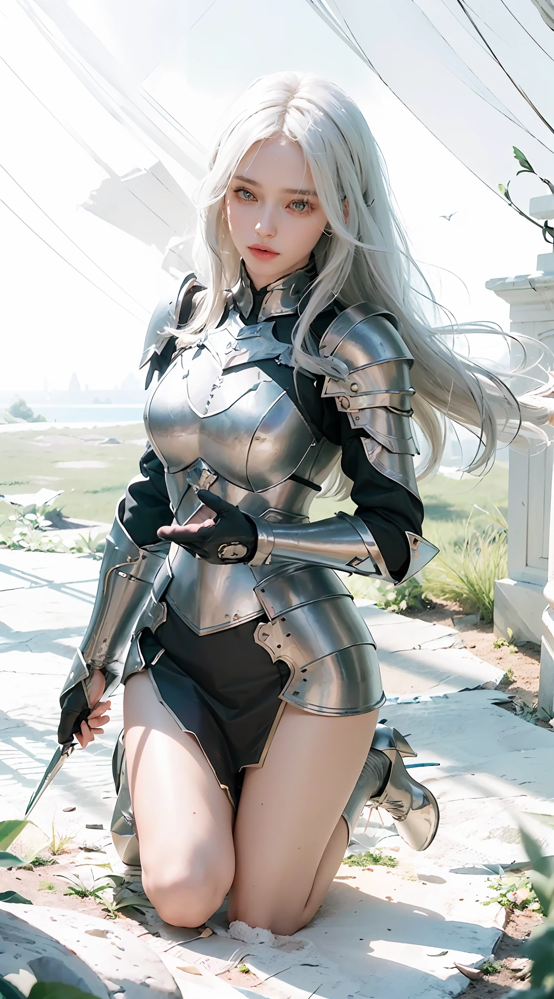 ((Best Quality)), ((Masterpiece)), (Details: 1.4), 3D, A Beautiful Female Knight, (Long White Hair: 1.9), (Kneeling: 1.7), (Armor: 1.5), High Heels, Gothic Chapel, HDR (High Dynamic Range), Ray Tracing, NVIDIA RTX, Super-Resolution, Unreal 5, Subsurface Scattering, PBR Texture, Post Processing, Anisotropic Filtering, Depth of Field, Maximum sharpness and sharpness, multi-layer textures, albedo and highlight maps, surface shading, accurate simulation of light-material interactions, perfect proportions, Octane Render, two-color light, large aperture, low ISO, white balance, rule of thirds, 8K RAW,