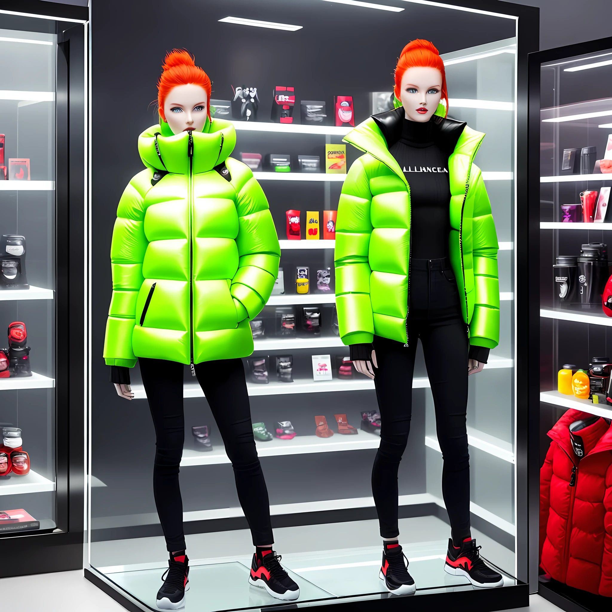 Creates an image of a (((full-body female mannequin: 1.5))) with Irish Nordic facial features, perfect mannequin appearance, redhead natural red hair, long (((inside a display case: 1.5))) wearing (((Balenciaga puffer oversized style jacket: 1.5))) ((neon green, vivid color, critical)), modern pants,((posing static inside a showcase))) mannequin-looking, store-window,  best image quality, high resolution photography camera 100mm lens
