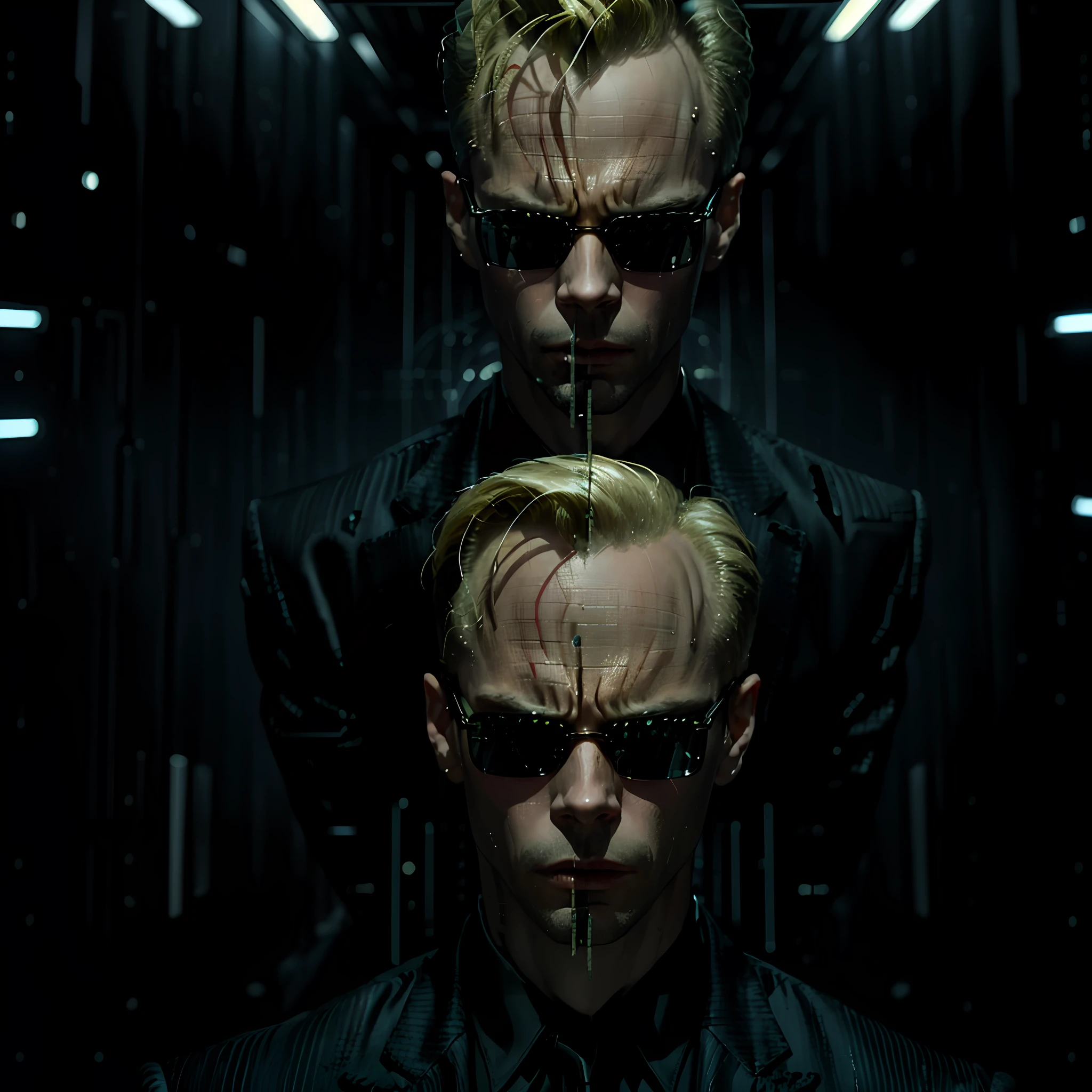 (((enemies))), (extreme closeup), (face off), (face to face), (((breaking spacetime))) ,(((mirrored))) ,((best quality)), ((masterpiece)), (detailed), (((suit))) fan art of evil man, there are two people fist fighting, mirror, face to face, out of a mirror, reflection, distortion of mirrored world, evil looking blond GUY PEARCE face, blond GUY PEARCE in a suit with square sunglasses close up, blond GUY PEARCE in a suit angry, blond GUY PEARCE in a suit with squared sunglasses, square sunglasses, the matrix (1999), square sunglasses, night, 80mm, ((western animation)), (neo the matrix (1999)), (short hair), (((distorted space time)))